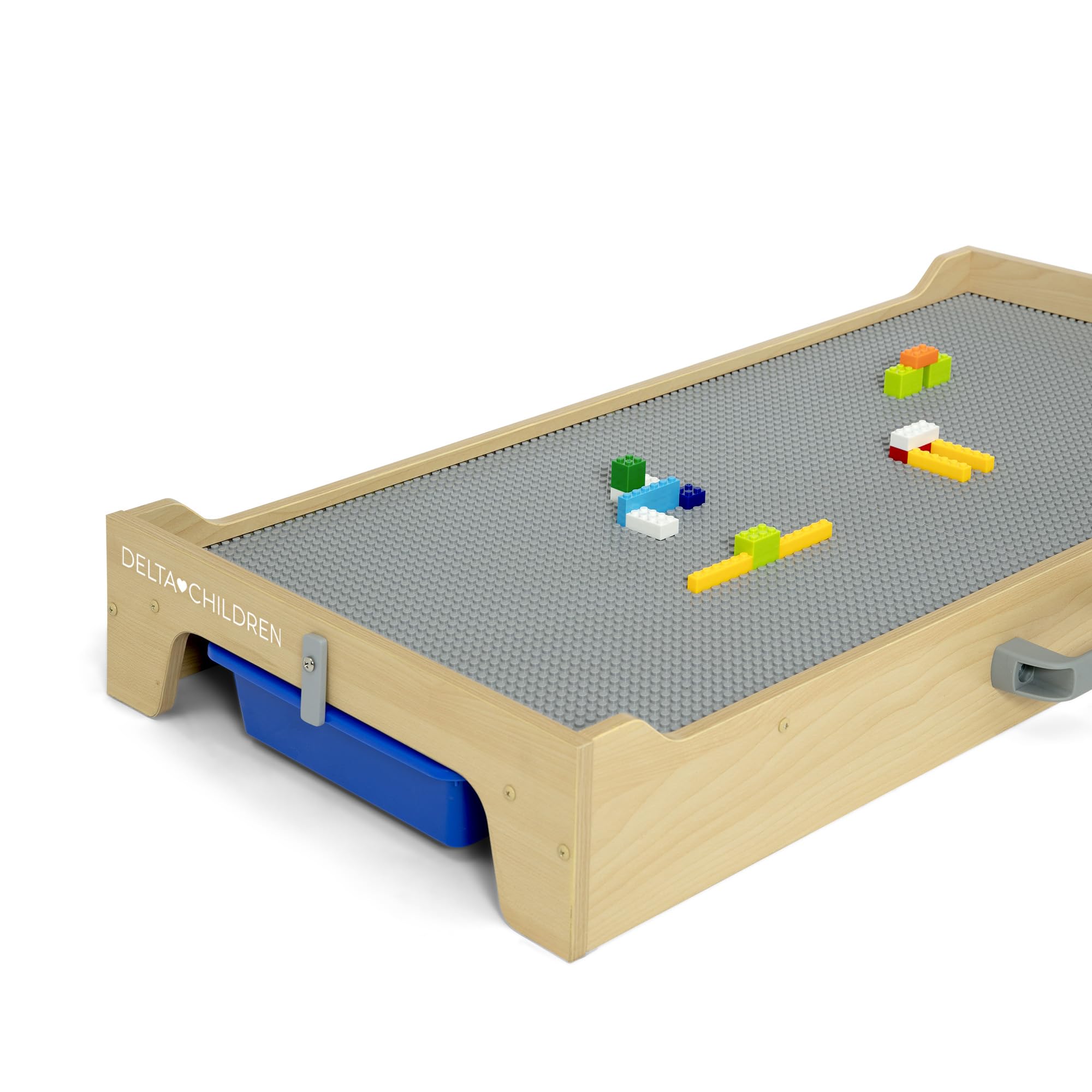 Delta Children Play N Store Building Bricks Play Table with 100+ Bricks - Large LEGO-Compatible Base Plate - Foldable Legs for Storage, Grey - Perfect for Kids Playroom, Preschool Learning & Creative Building Activities