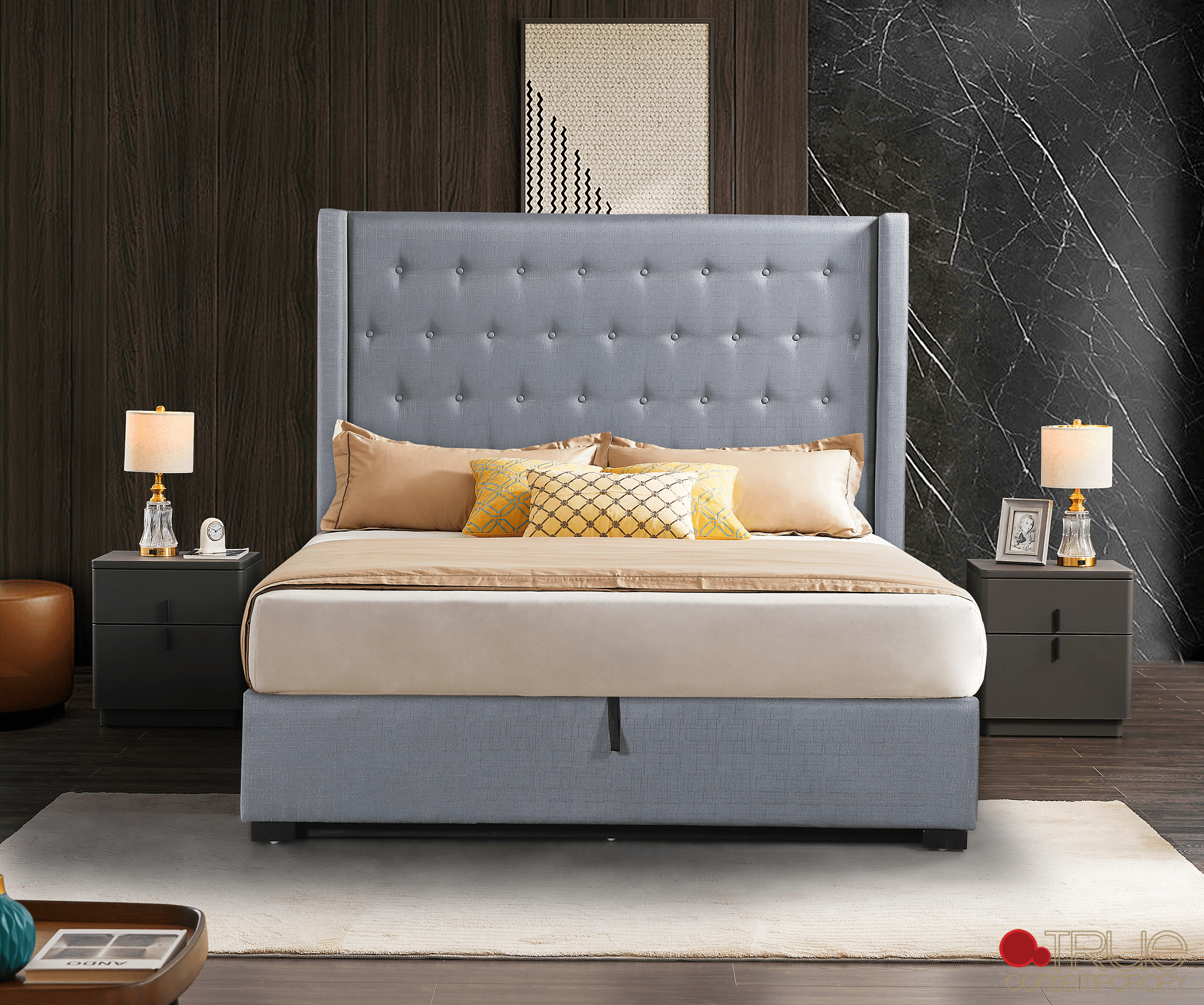 Saunderson Tufted Wingback Lift Up Storage Platform Bed - Grey Linen Fabric - Queen & King Size Options - Perfect for Small Bedrooms & Guest Rooms
