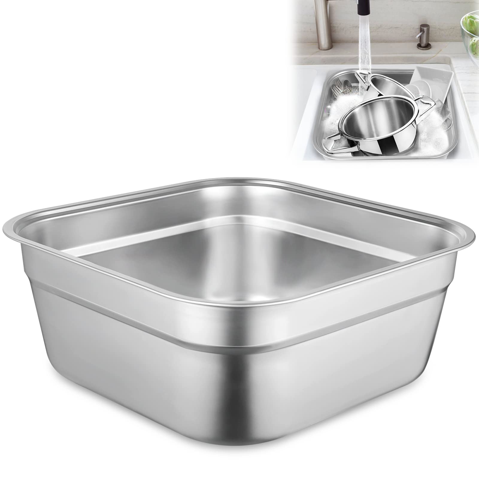 Yeesport Stainless Steel Dish Tub - Large Square Kitchen Sink Basin for Washing Vegetables, Dishes & Multi-Purpose Use | Durable & Rust-Proof Dishpan for Home & Commercial Kitchens | Perfect for Meal Prep, Cleaning Produce & Organizing Sink Area