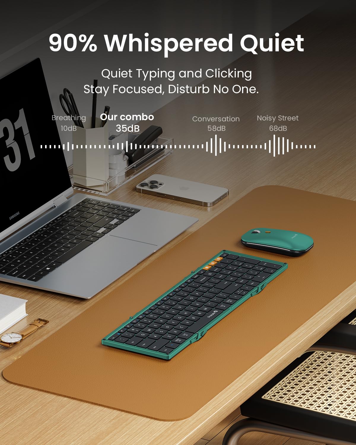 ProtoArc XKM01 Foldable Bluetooth Keyboard and Mouse Combo - Full-Size Portable Wireless Keyboard with 2.4G & Dual Bluetooth for Laptop, iPad, Tablet - Green | Perfect for Business Travel, Remote Work & On-the-Go Productivity
