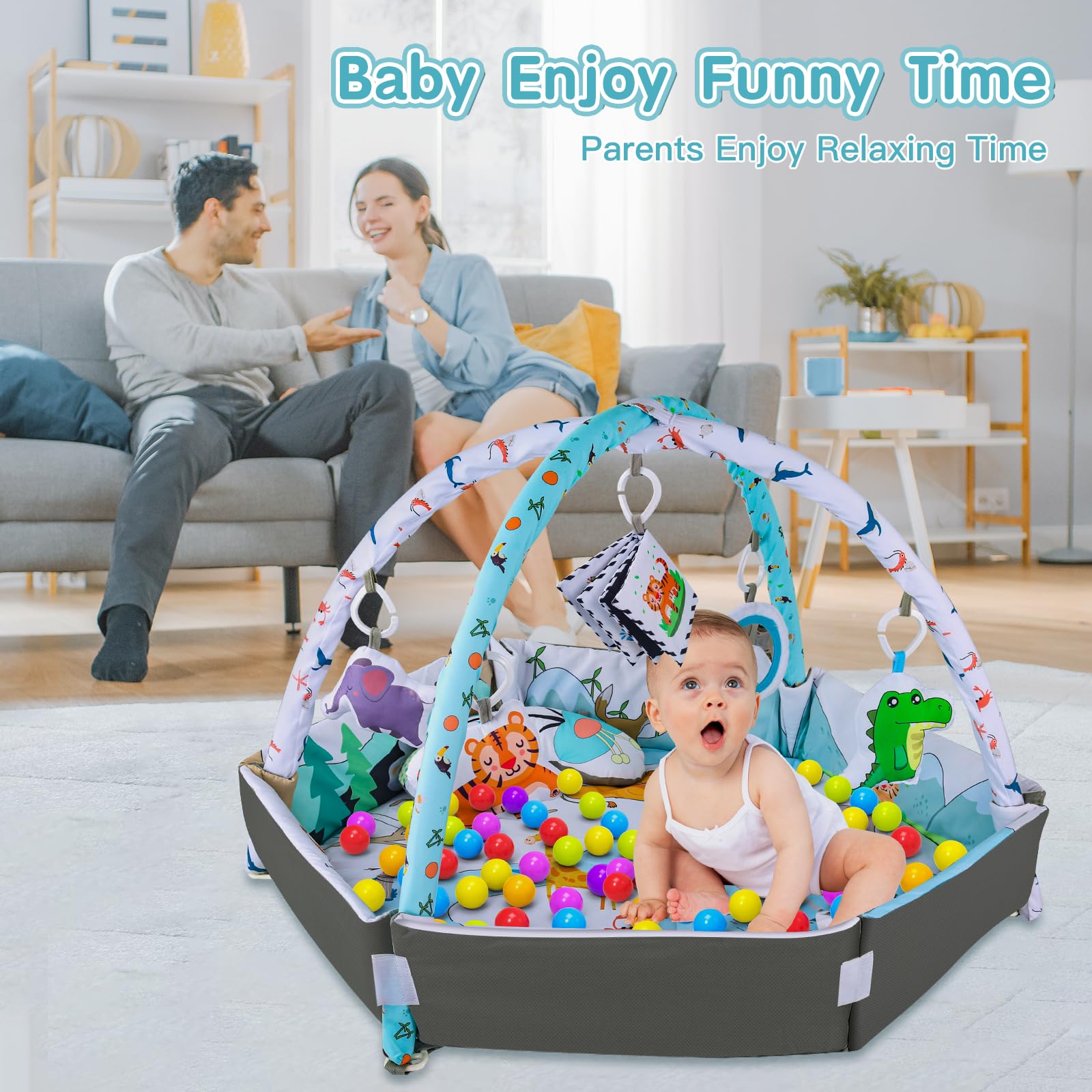 VZO 2-in-1 Baby Gym Play Mat & Ball Pit - Infant Activity Center for Tummy Time, Crawling & Learning | Soft Play Mat for Babies 0-12 Months | Perfect Nursery, Living Room & Daycare Floor Mat for Newborns, Infants & Toddlers