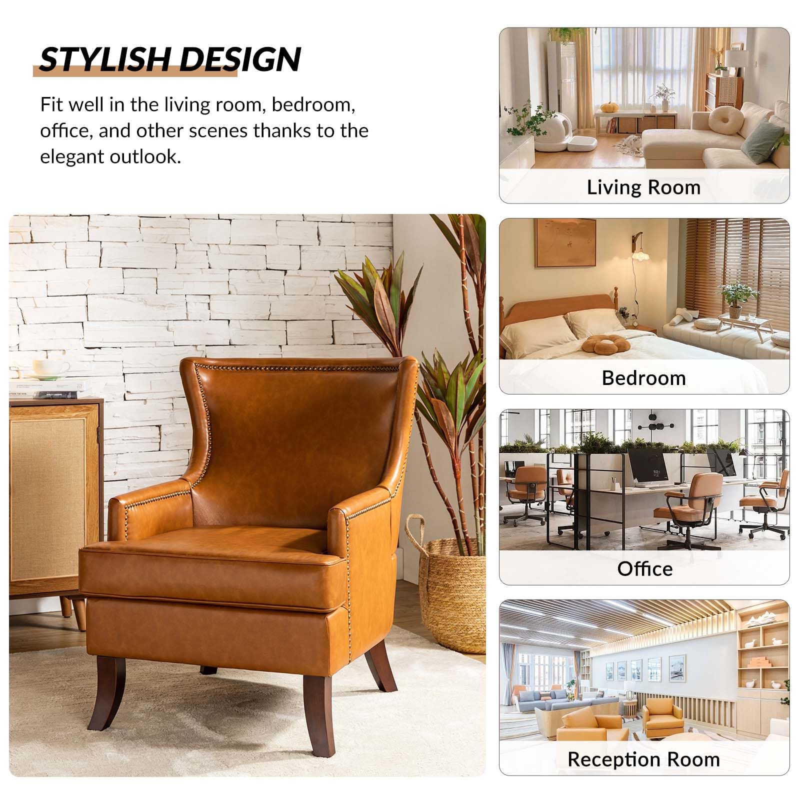 Modern Faux Leather Accent Chairs Set of 2 - Wingback Armchairs with Nailhead Trim & Wooden Legs for Living Room, Bedroom, Office - Brown PU Leather Upholstered Sofa Chairs | Perfect for Reading Nook, Guest Seating & Home Decor