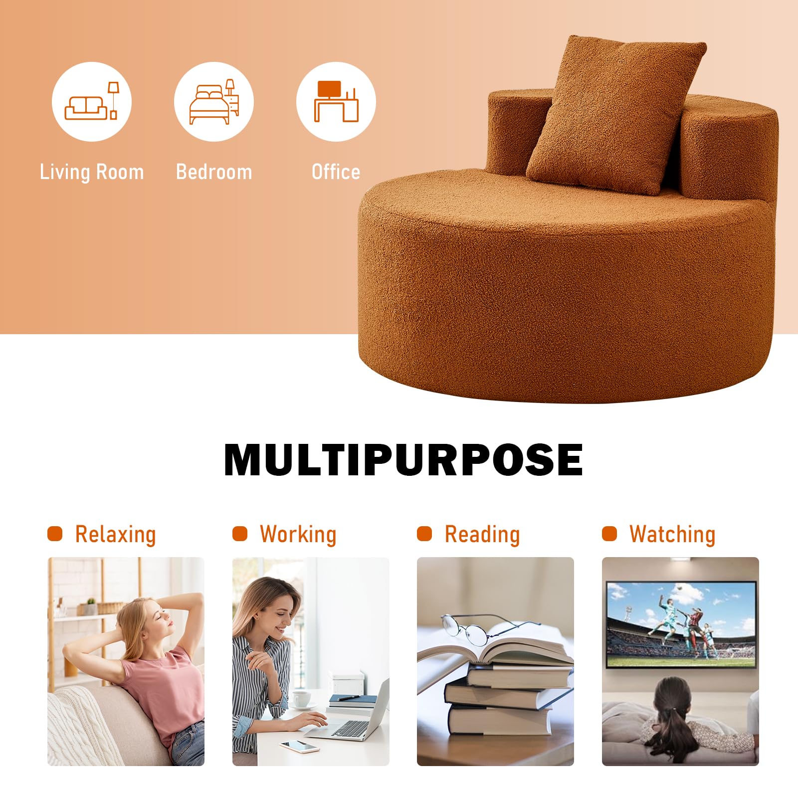 Comfortable Teddy Fabric Accent Chair with Pillow - Round Living Room Chair in Orange | Perfect for Cozy Reading Nooks, Lounge Areas & Small Space Decor