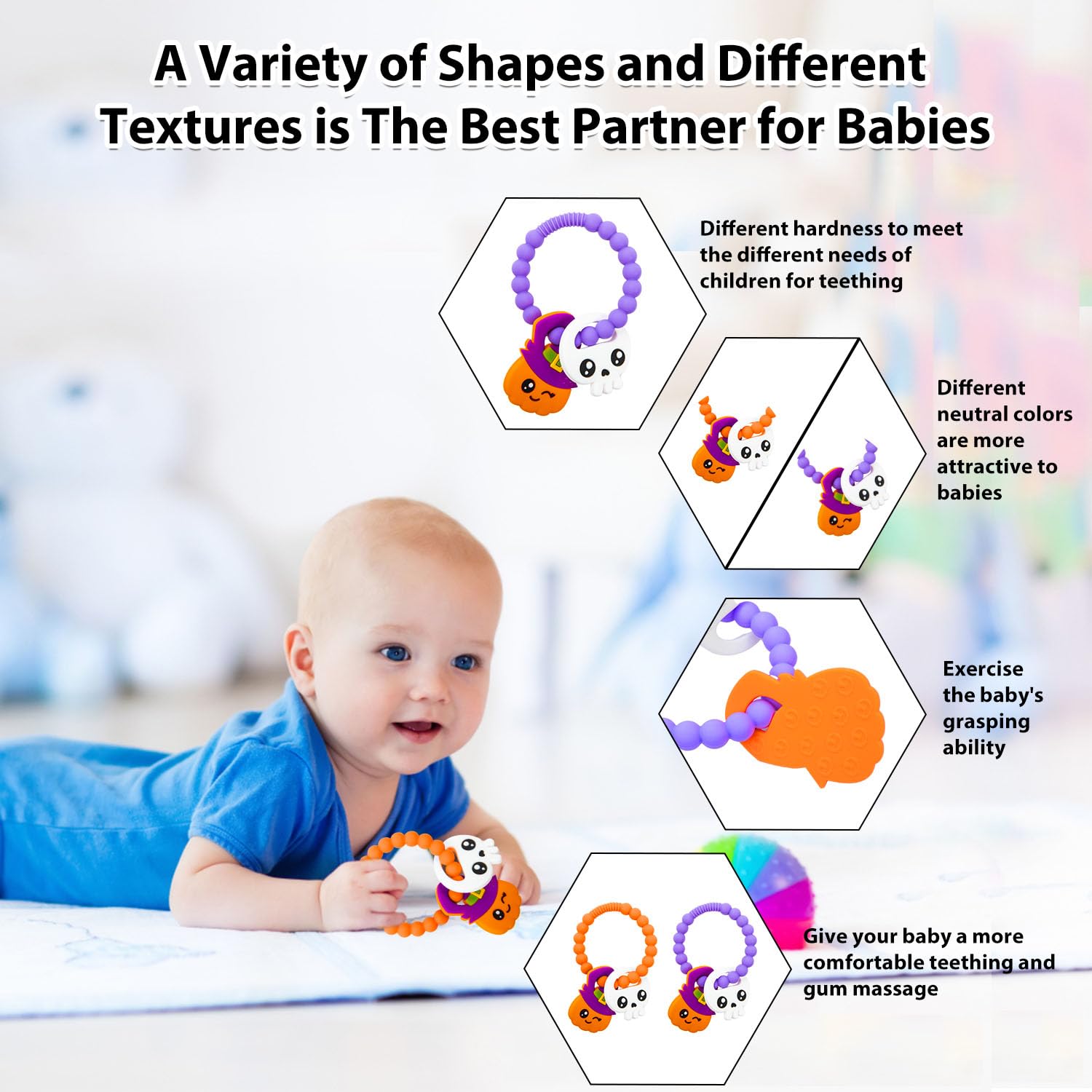 Hongteya Halloween Baby Pumpkin Teether - BPA Free Silicone Teething Toys for Boys & Girls, Safe Chew Toys for Infants, Perfect Halloween & Nightmare Before Christmas Gift (2-Pack) - Ideal for Soothing Sore Gums During Holidays & Travel
