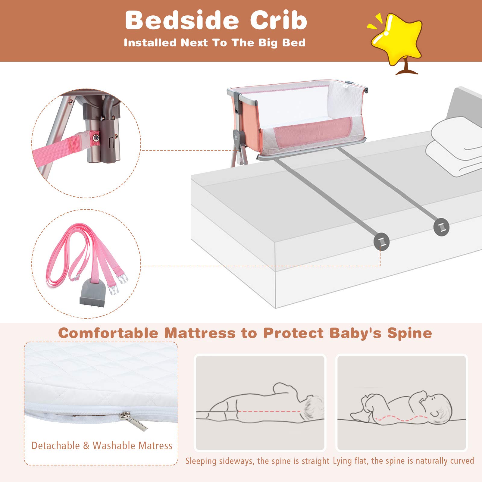 **BABY JOY Portable Bedside Bassinet for Newborns - Adjustable Height, Breathable Mesh, Wheels & Storage - Baby Crib with Mattress for Nursery, Travel & Home Use - Pink**