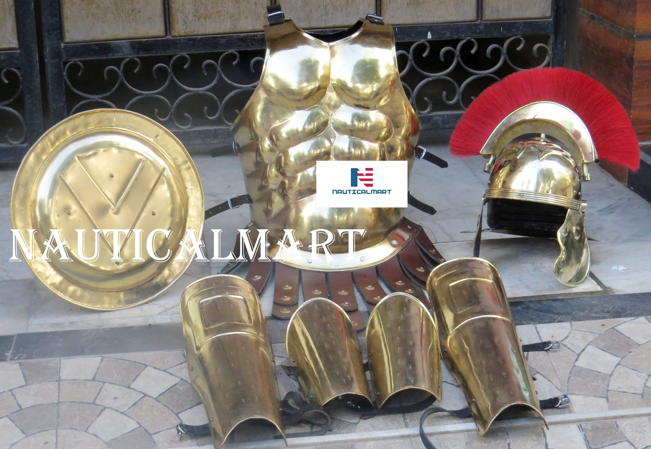 Roman Muscle Body Armor Set - Functional Medieval Cuirass with Brass Centurion Helmet, Leg & Arm Guards, Shield - Perfect for Halloween Costumes, Cosplay, LARP, and Historical Reenactments