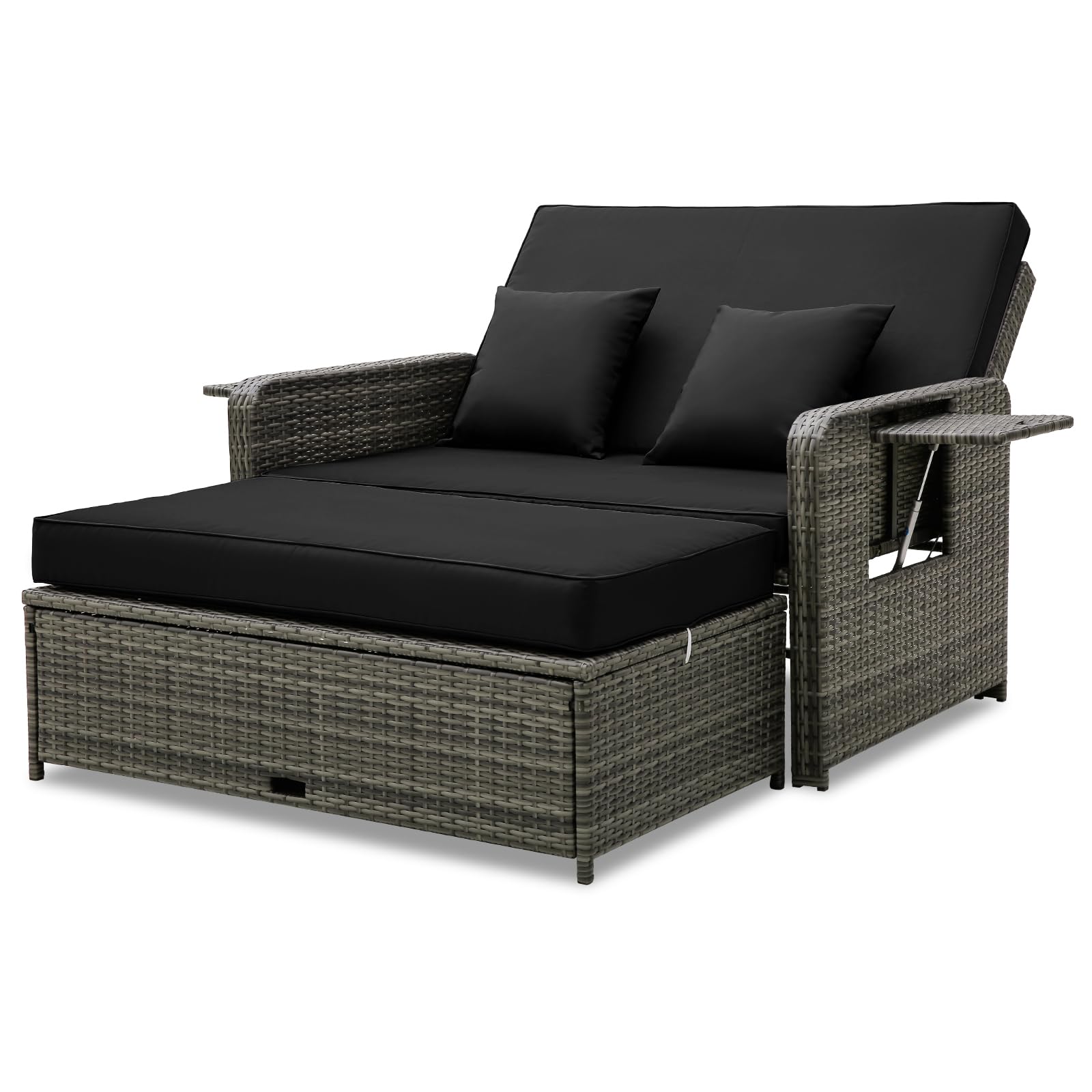 Tangkula Outdoor Patio Rattan Daybed Set with Adjustable Backrest - Wicker Loveseat Sofa, Ottoman & Side Tray - Includes Storage Footstool & Cushions - Perfect for Backyard, Garden, Poolside Relaxation