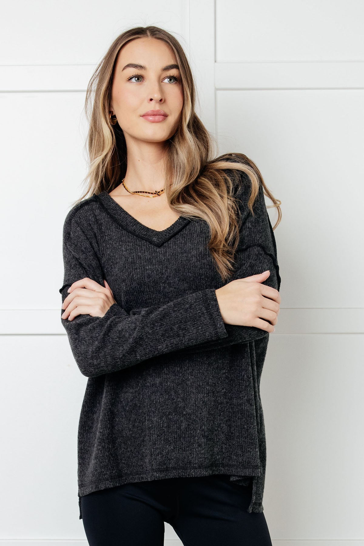 Soft Brushed Hacci Knit Top in Black - Cozy Winter Layering for Women | Perfect for Casual Outfits & Cold Weather