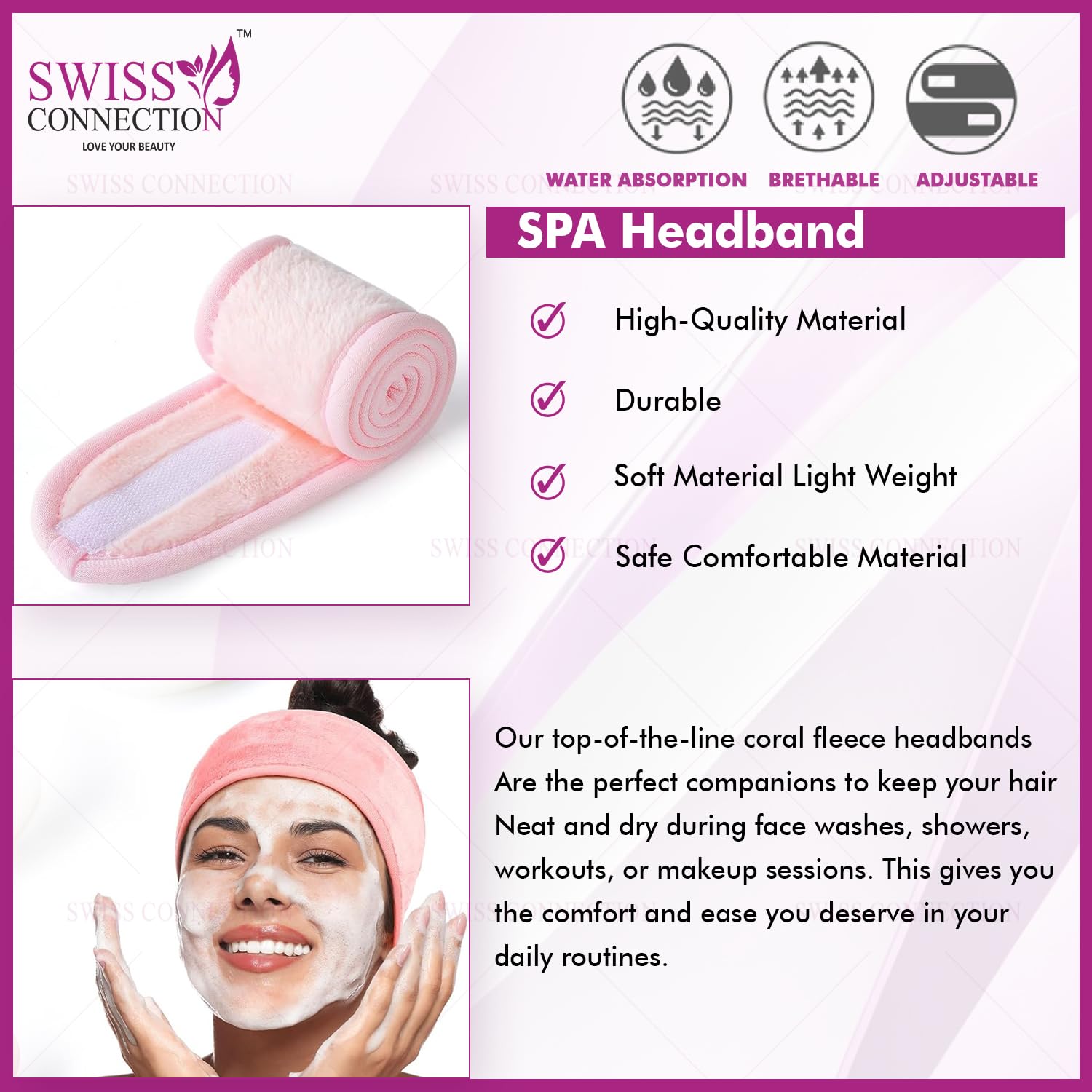Swiss Connection Adjustable Cotton Headbands for Women - Soft, Washable & Flexible Spa Headbands (Pack of 6, Multicolor) - Perfect for Yoga, Gym, Facial Treatments & Daily Hair Care