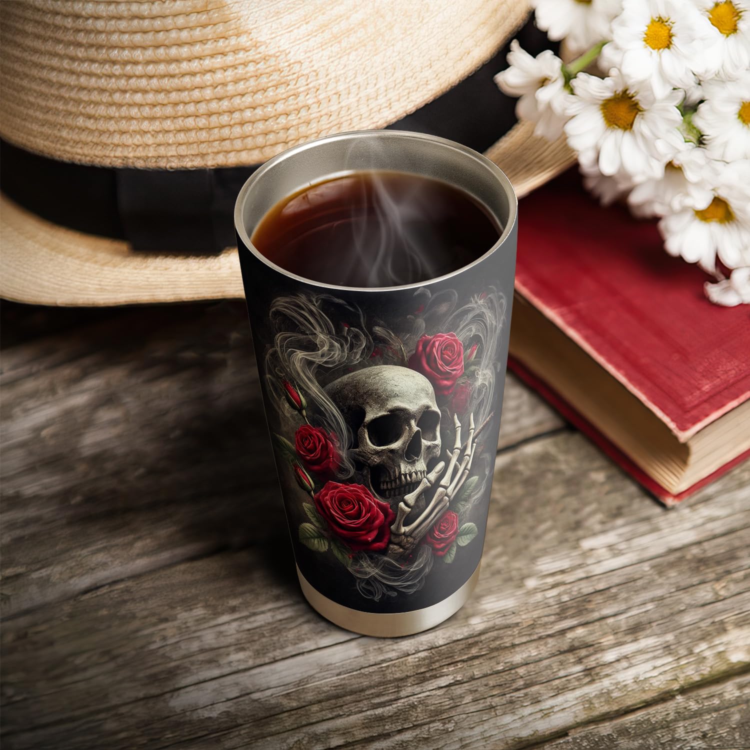 20oz Rose Skull Tumbler - Stainless Steel Vacuum Insulated Gothic Coffee Mug with Lid - Perfect Gift for Skull Lovers & Goth Aesthetic - Ideal for Hot/Cold Drinks at Home, Office or Travel