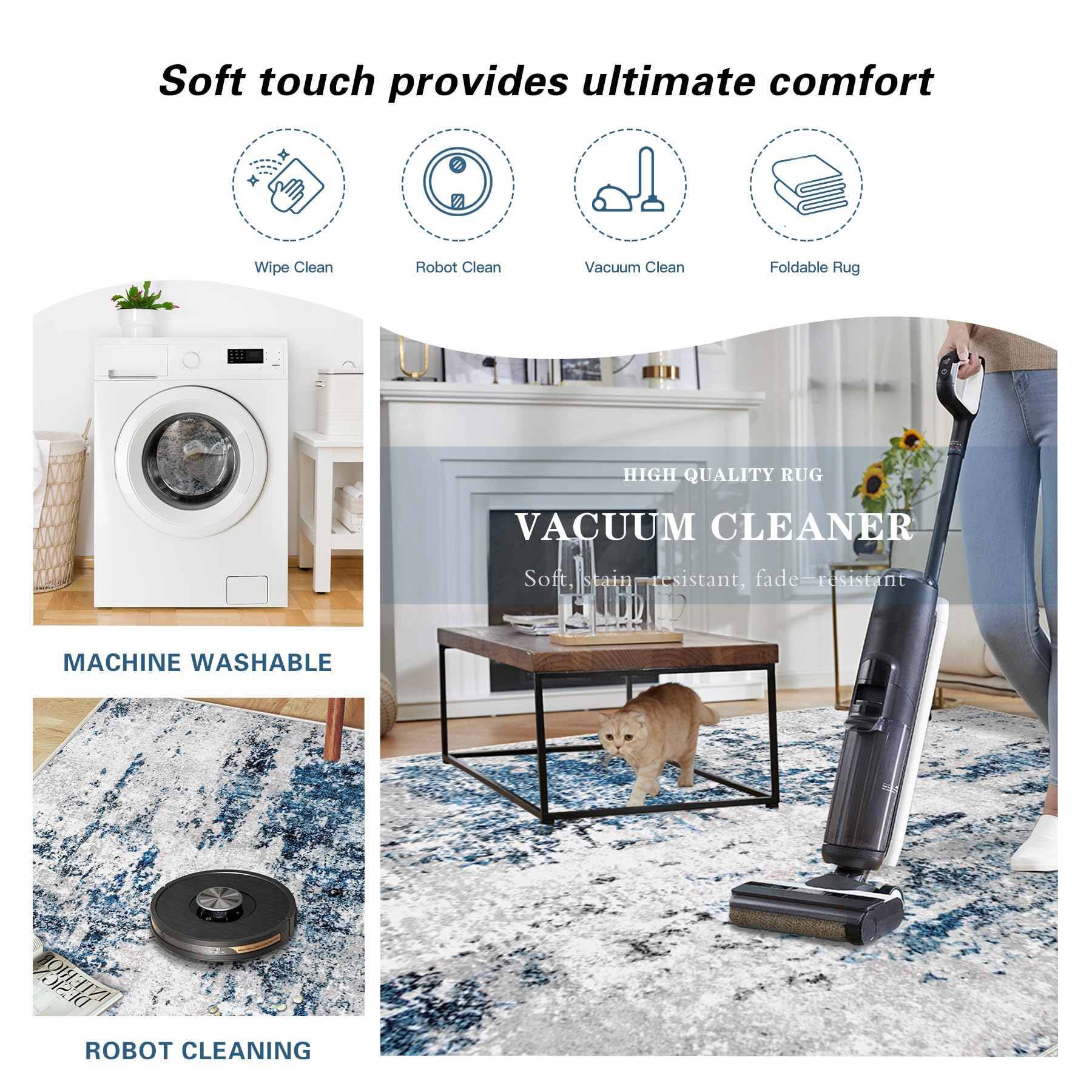 5x7 Washable Non-Slip Area Rug - Soft Low-Pile Abstract Modern Carpet for Living Room, Bedroom, Office & Dining Room | Grey Blue Indoor Floor Mat | Perfect for Home Decor, Cozy Spaces & High-Traffic Areas