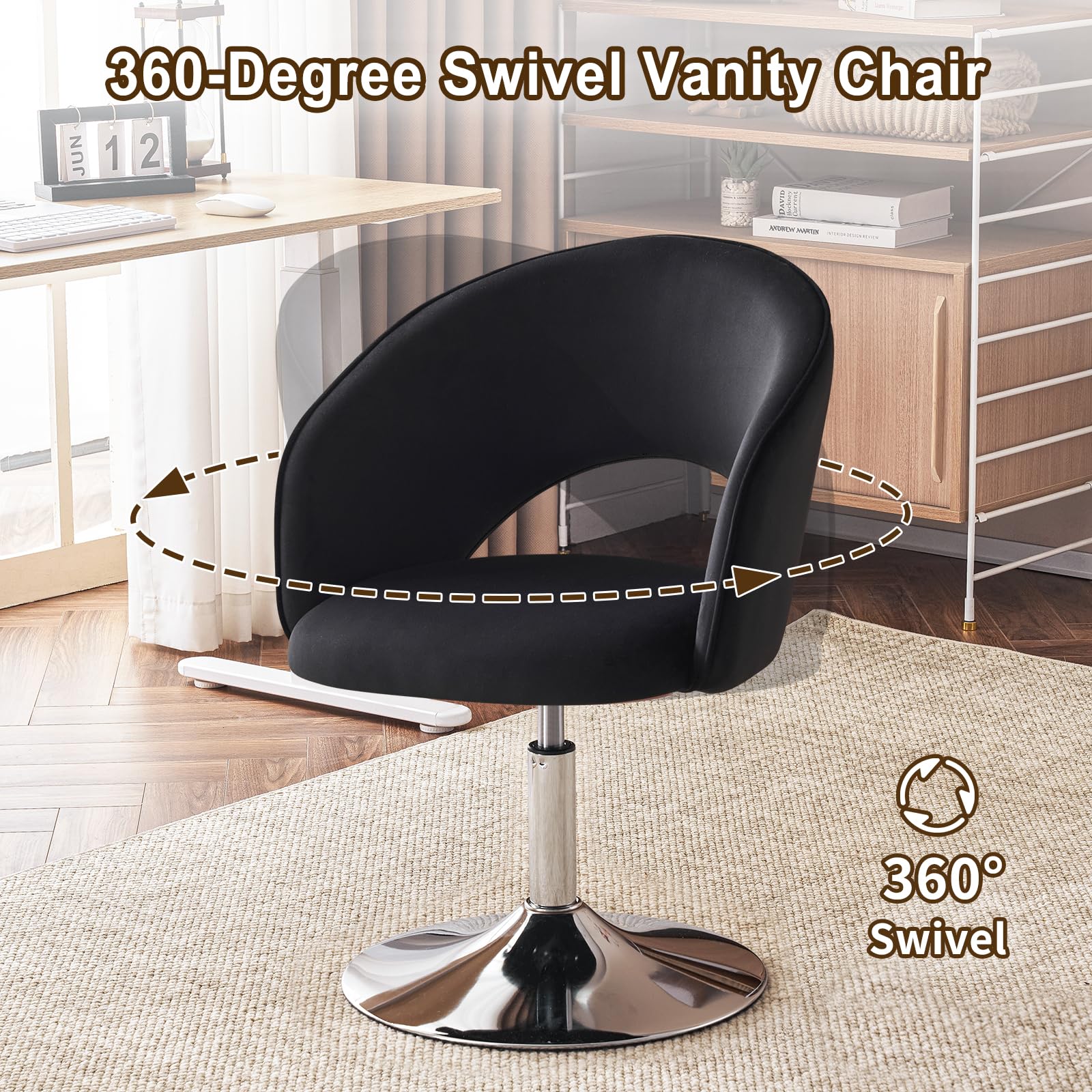 Furnimart Adjustable Black Velvet Vanity Chair with Back - Swivel Makeup Stool with Chrome Frame & Hollow Backrest - Accent Chair for Living Room, Bedroom, Dressing Table - Perfect for Makeup, Reading & Relaxing (Black)