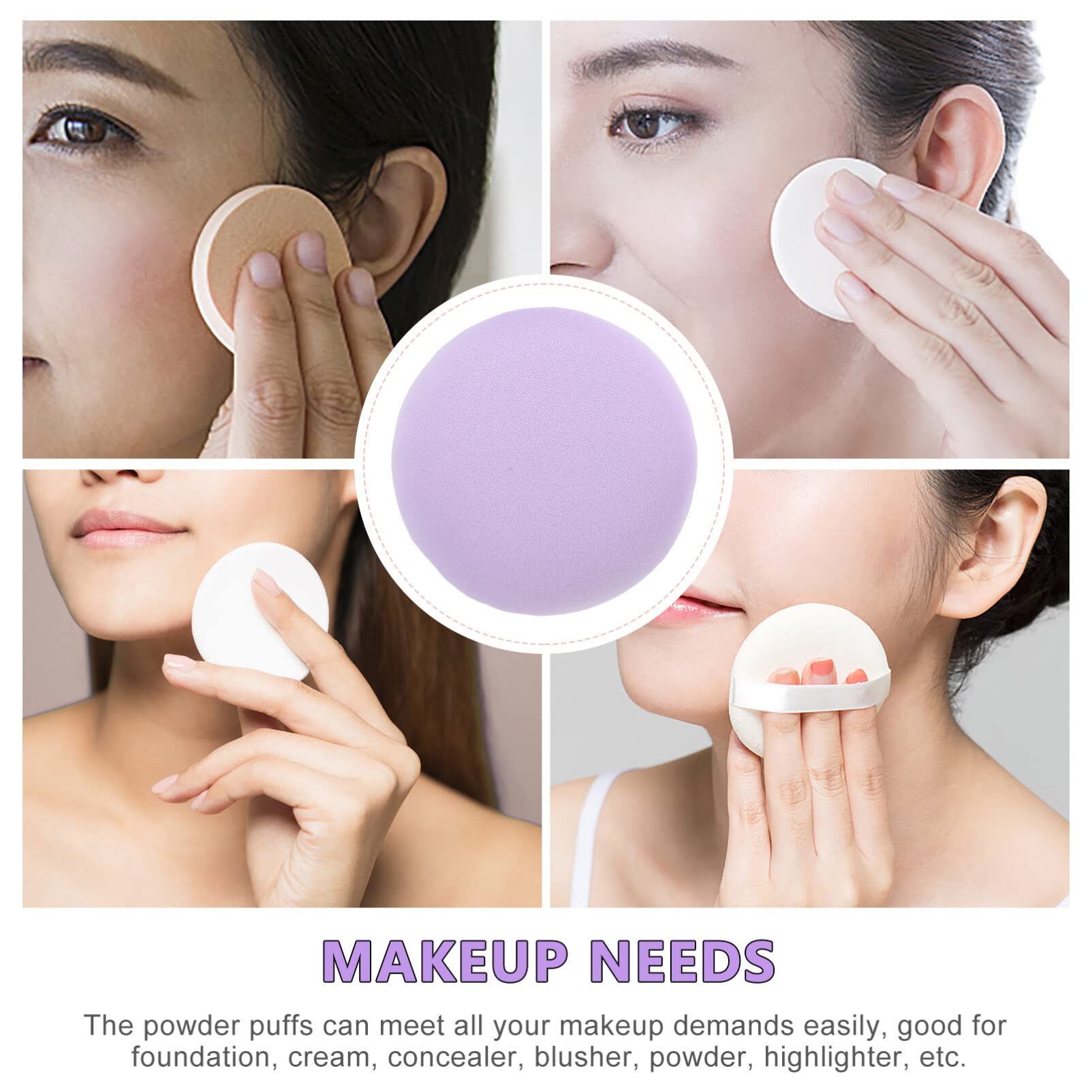FOMIYES 4-Piece Round Makeup Powder Puffs - Soft Cosmetic Sponge for Wet & Dry Application - Loose Powder Applicator with Cotton Ribbon (Miss Purple) - Perfect for Foundation, Setting Powder & Blush Application