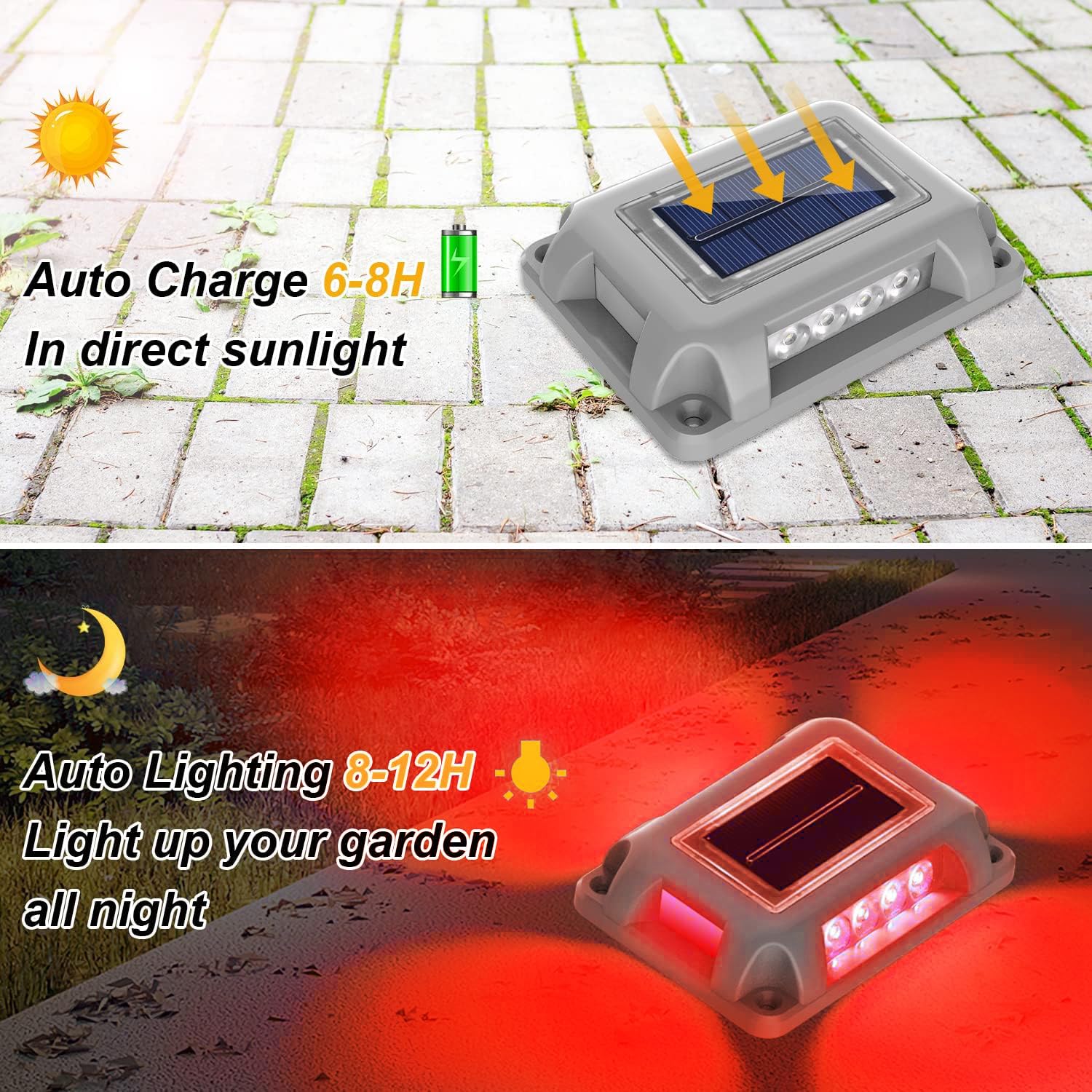 T-SUN Solar Deck Lights Outdoor 12 Pack - Waterproof Red LED Pathway Lights for Driveway, Garden, Walkway, Stairs, Dock & Marine Use - Perfect for Yard, Sidewalk and Landscape Lighting at Night