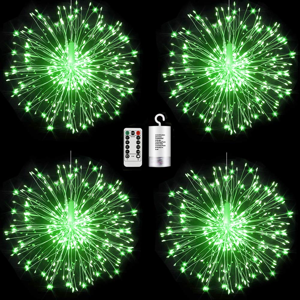 FOOING 4 Pack Firework Lights - LED Copper Wire Starburst String Lights with Remote, 8 Modes Battery Operated Fairy Lights for Wedding, Christmas, Party, Patio Decor - Indoor & Outdoor Hanging Decorative Lights (Green) - Perfect for Garden, Bedroom, and Holiday Celebrations