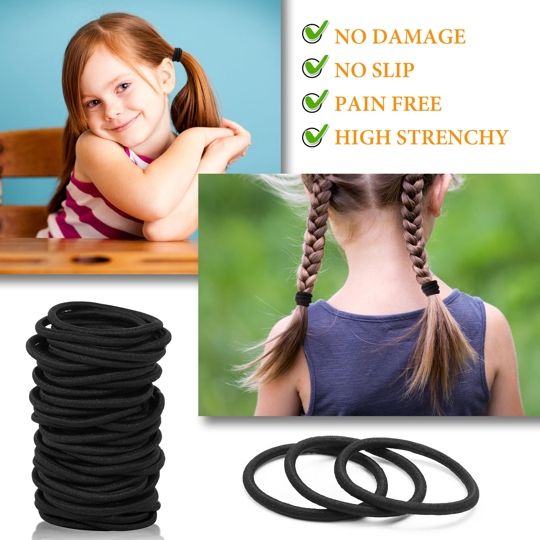 180 Pcs Black No Damage Elastic Hair Ties - Soft Ponytail Holders & Hair Bands for Women & Girls - Perfect for School, Workout, Office & Daily Styling