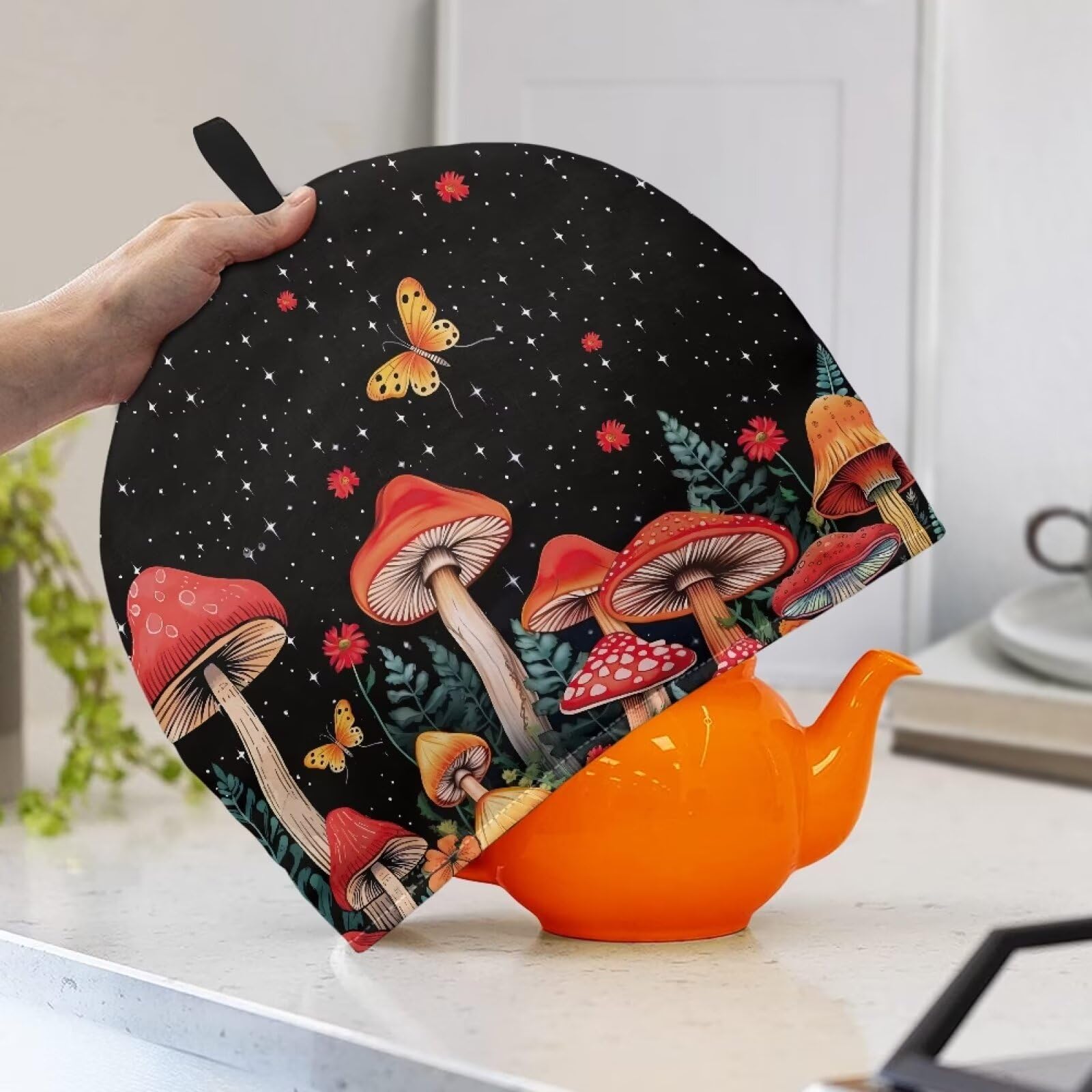 **Red Mushroom Tea Pot Cover - Insulated Teapot Cozy, Large Kettle Dust Protector - Decorative Tea Cosy for Home Kitchen & Tea Party Table Decor - Perfect for Afternoon Tea, Cozy Gatherings & Kitchen Accessories**