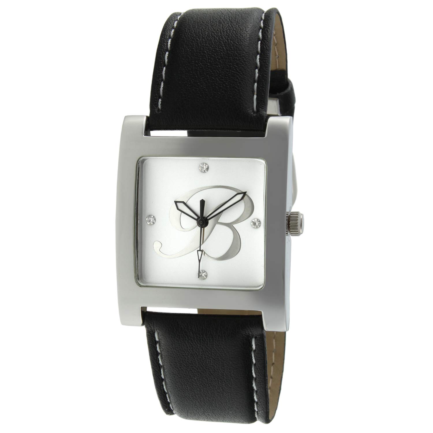Personalized Silver Tone Square Women's Watch with Crystal Initial Studded Dial & Genuine Leather Strap - Elegant Gift for Her, Perfect for Office, Party & Everyday Wear