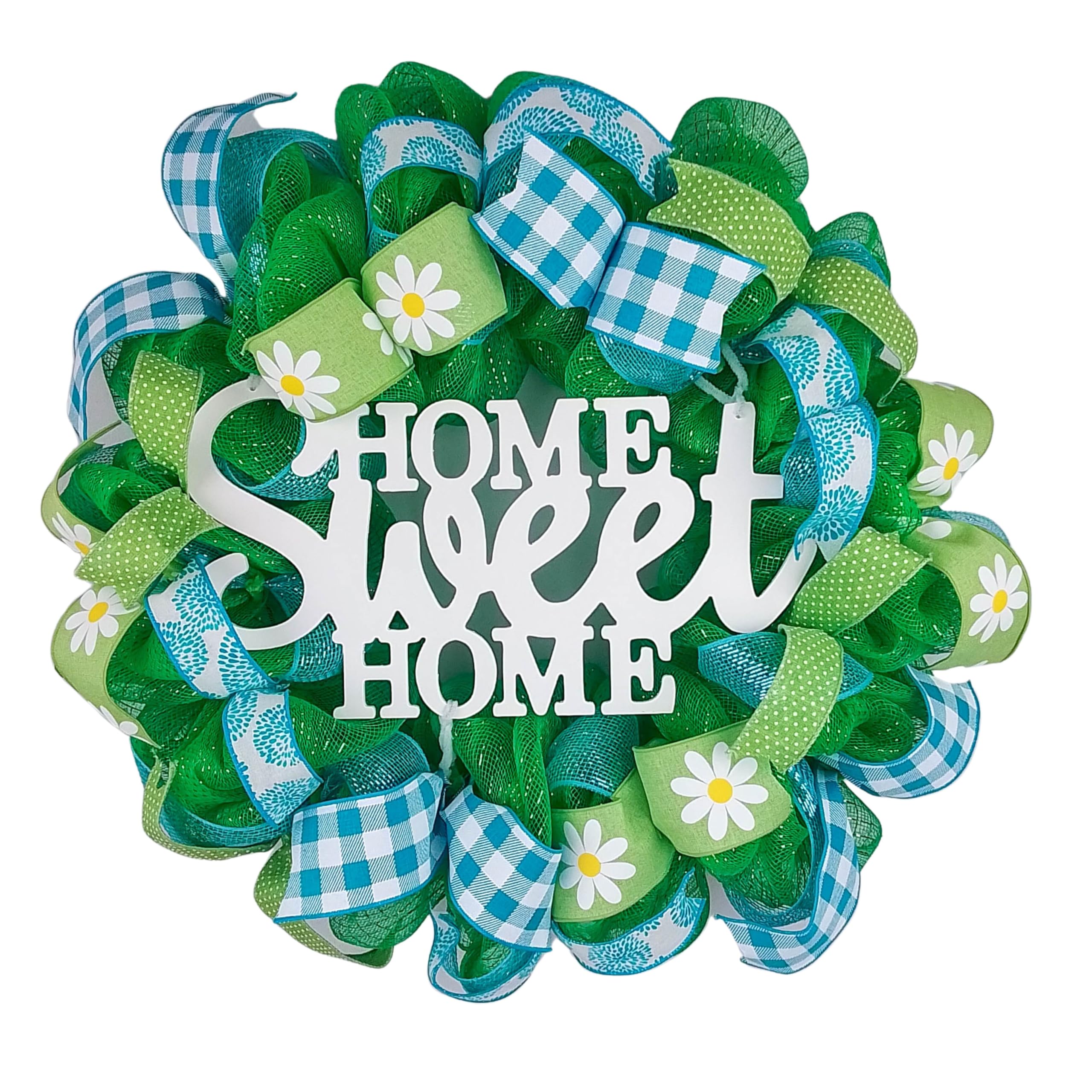 Bright Green Spring Wreath - Home Sweet Home Mesh Door Decor - Summer Decoration - Lime Green White Turquoise - Perfect for Front Door, Porch, Garden & Seasonal Home Decor