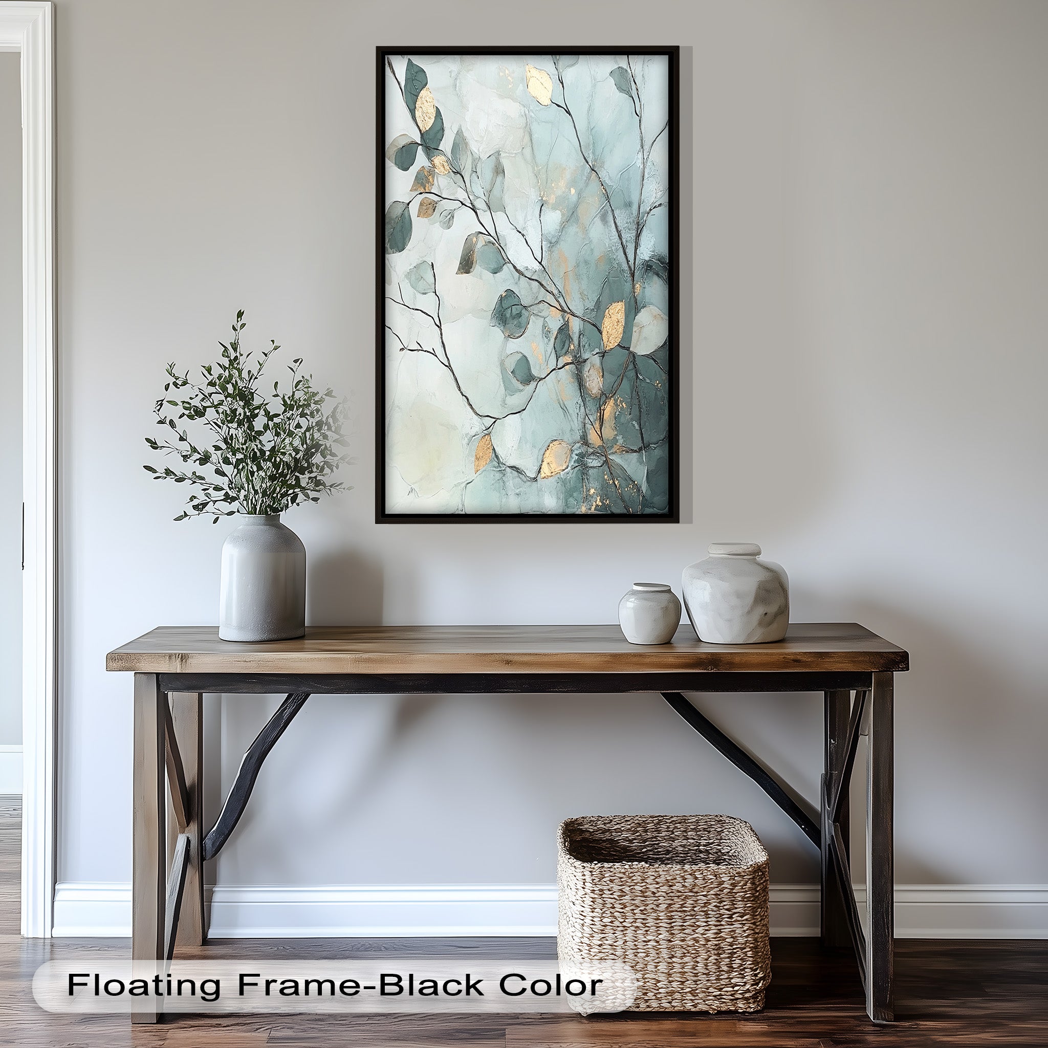 Blue and Metallic Leaf Branch Abstract Oil Painting - Handmade Canvas Wall Art for Living Room, Bedroom & Office Decor