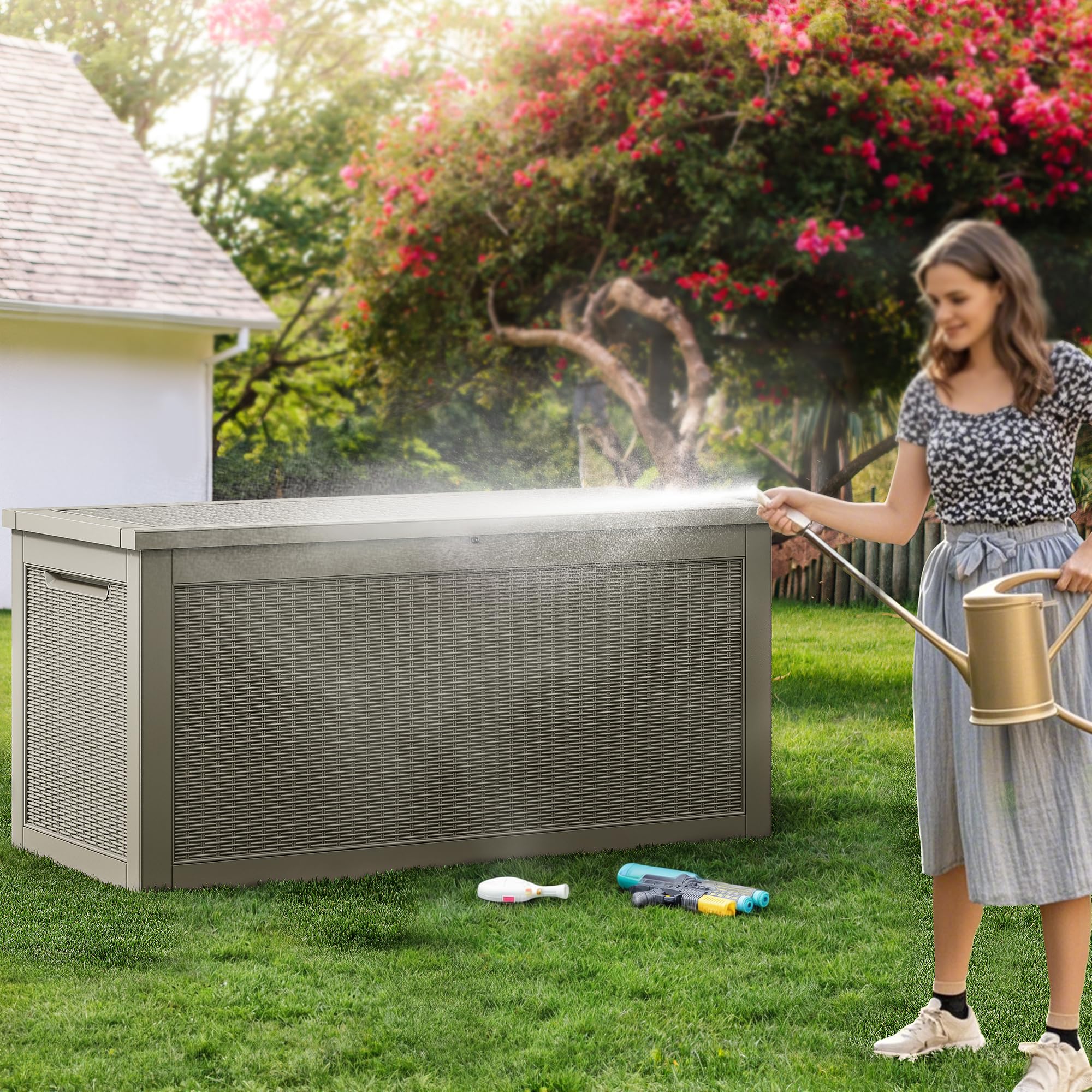 YITAHOME XXL 260 Gallon Large Outdoor Deck Box - Waterproof Lockable Resin Storage Container for Patio Furniture, Garden Tools, Cushions & Pool Accessories - Weatherproof Rattan Design for Backyard, Deck & Garden Storage (Brown)
