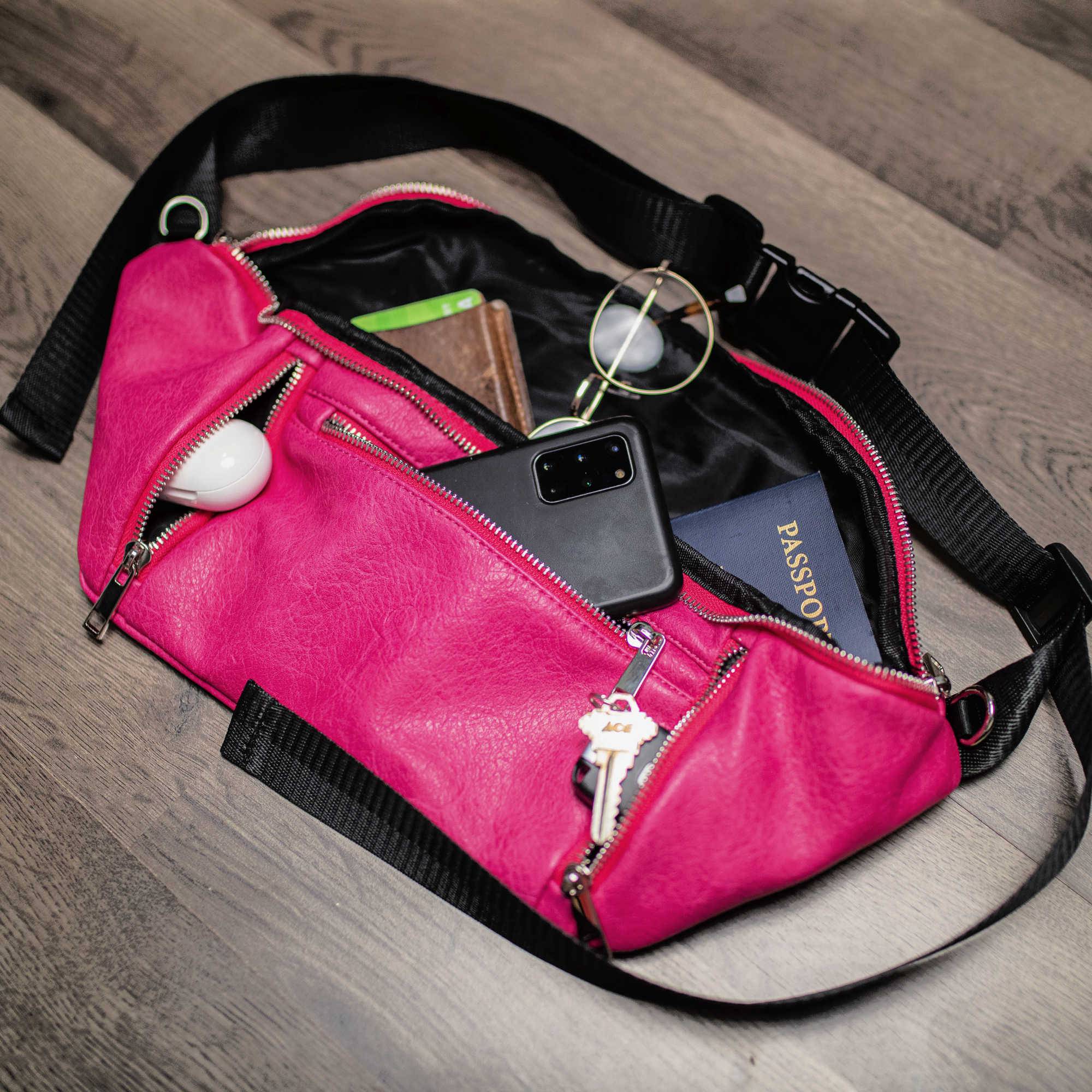 Stylish Pink Leather Crossbody Waist Bag for Women - Fashionable Hands-Free Purse for Travel, Shopping & Everyday Use