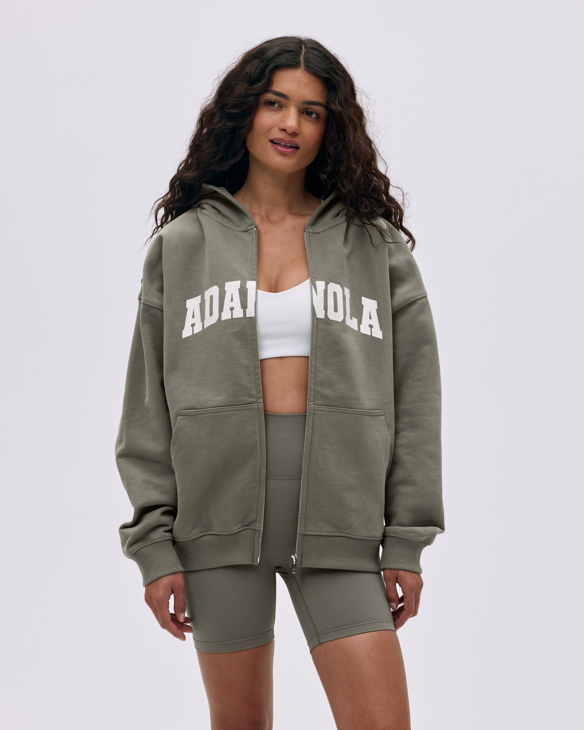 Varsity Oversized Full Zip Hoodie for Men & Women - Olive Green & Marshmallow White Color Options | Cozy Casual Wear for College, Street Style & Loungewear