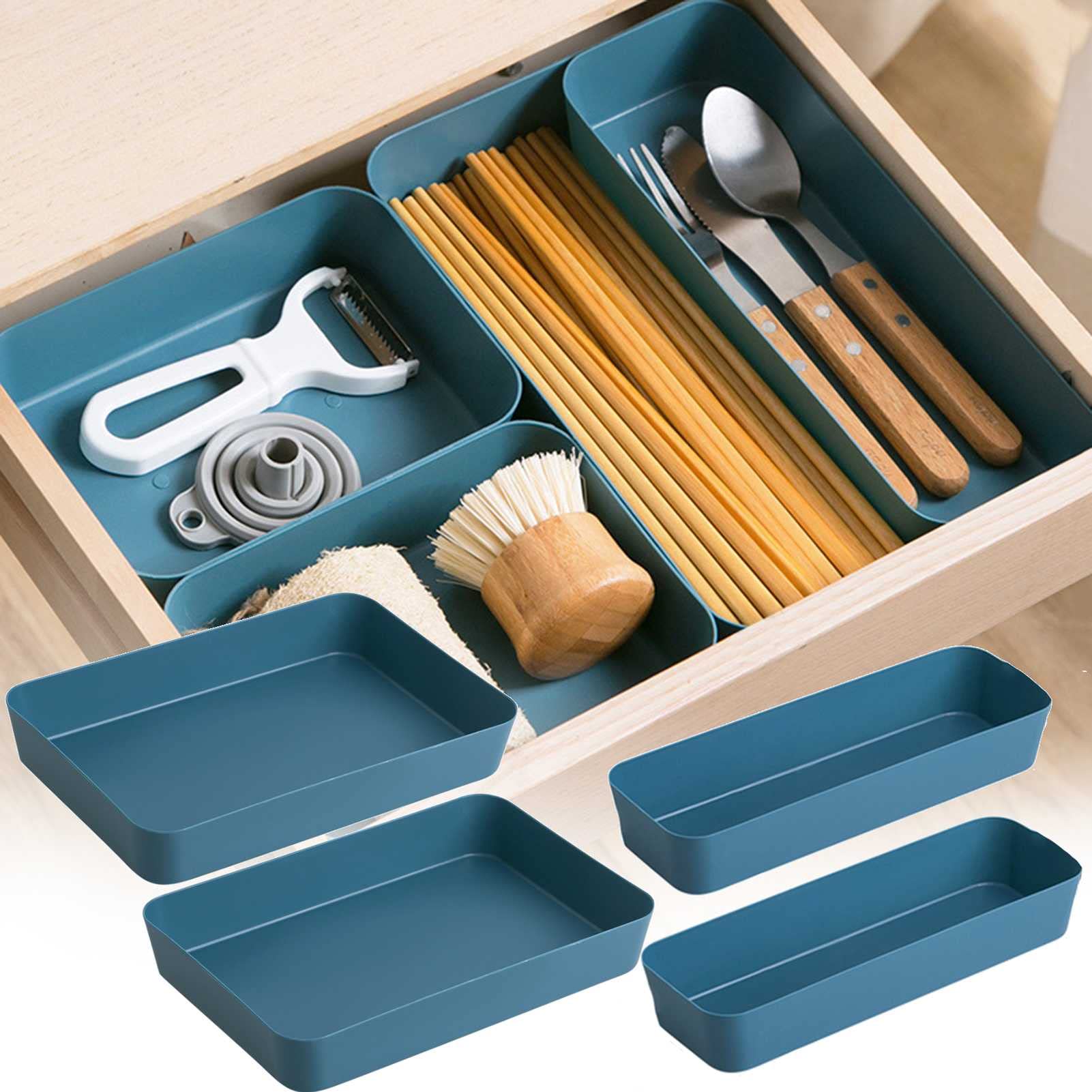 4-Pack Clothes Organizer Storage Box with Compartments - Desk Drawer Organizer for Office Supplies, Kitchen & Bathroom - Small Object Separator Tray (2 Sizes) - Perfect for Jewelry, Makeup, Utensils & Office Accessories