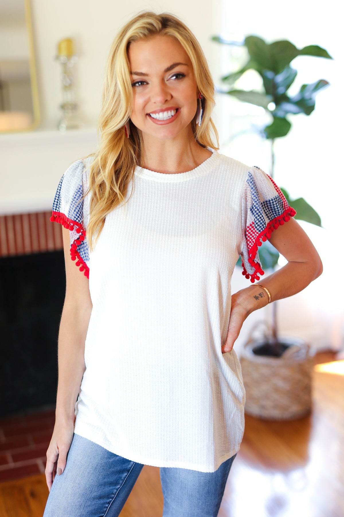 Patriotic Pom Pom Lace Flutter Sleeve Top - Women's Red White Blue Ruffled Blouse for 4th of July, Independence Day & Summer Parties