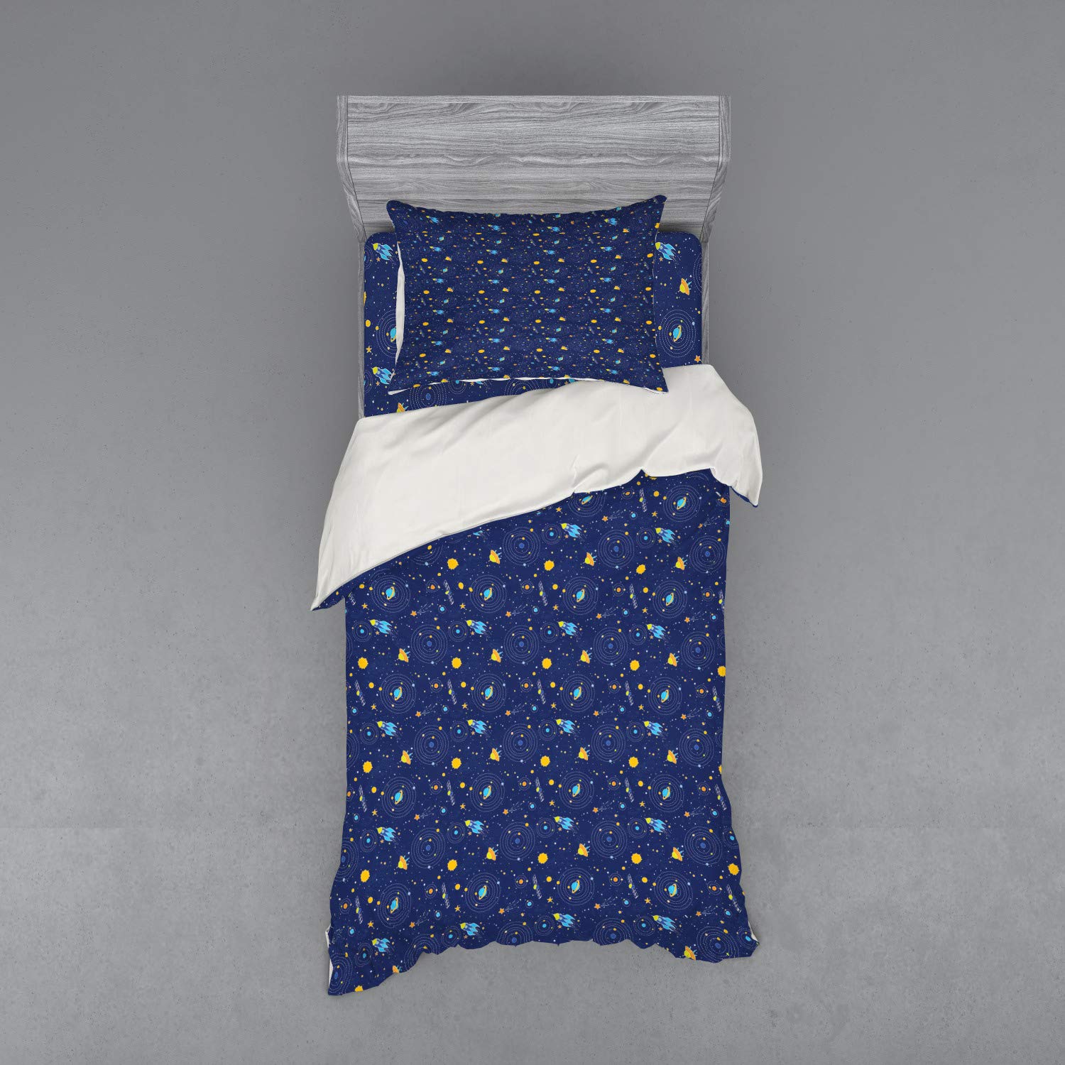 Ambesonne Galaxy Bedding Set - 3 Piece Twin Duvet Cover with Sham & Fitted Sheet, Space Theme with Stars, Planets & Comets in Orange & Dark Blue - Perfect for Kids Room, Teen Bedroom & Space Lovers Decor