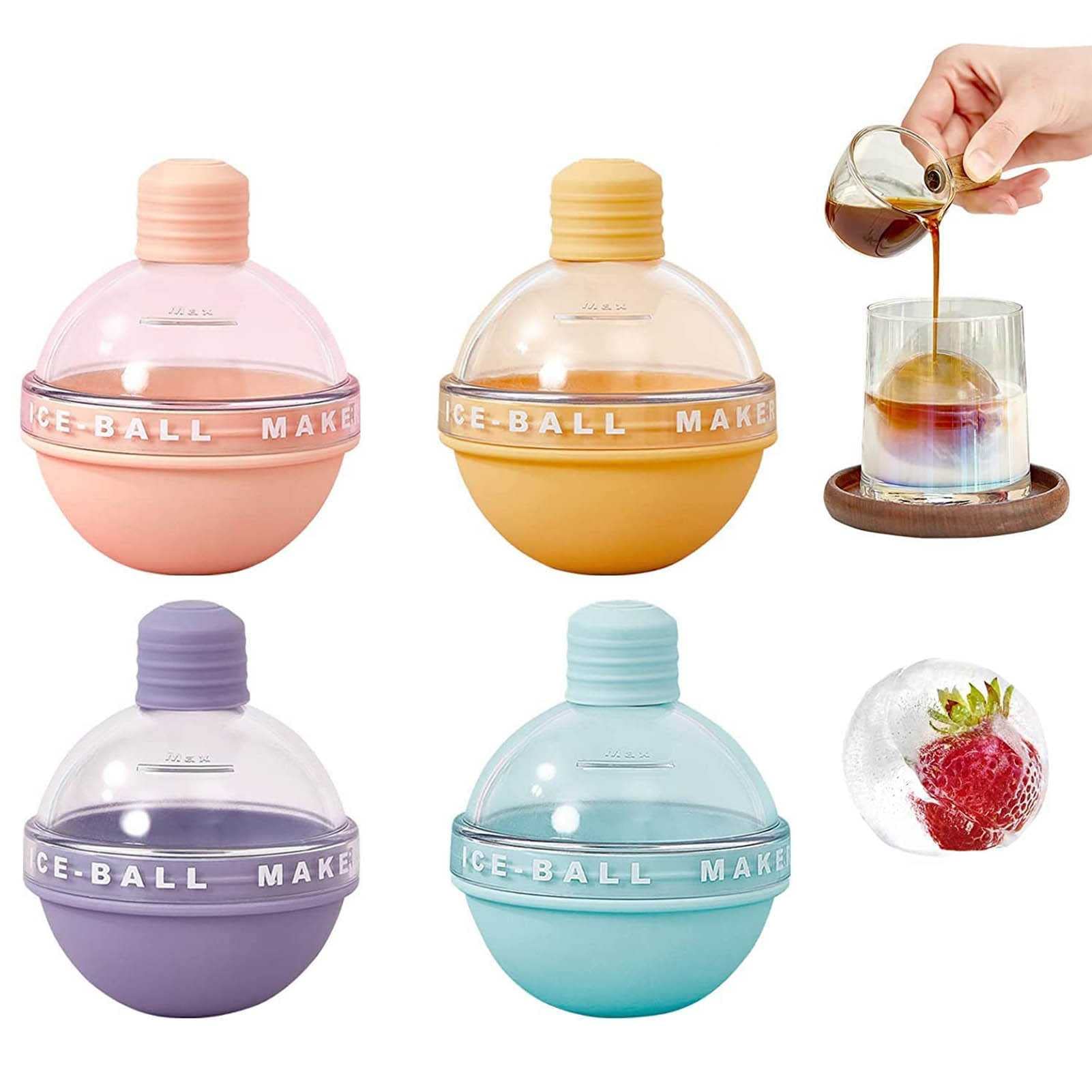SHENGMEI 4-Piece Silicone Ice Ball Maker Mold - 2.36 Inch Round Whiskey Ice Cube Tray for Cocktails, Bourbon & Scotch | Reusable Candy-Colored Ice Sphere Maker for Home Bars, Parties & Gifts
