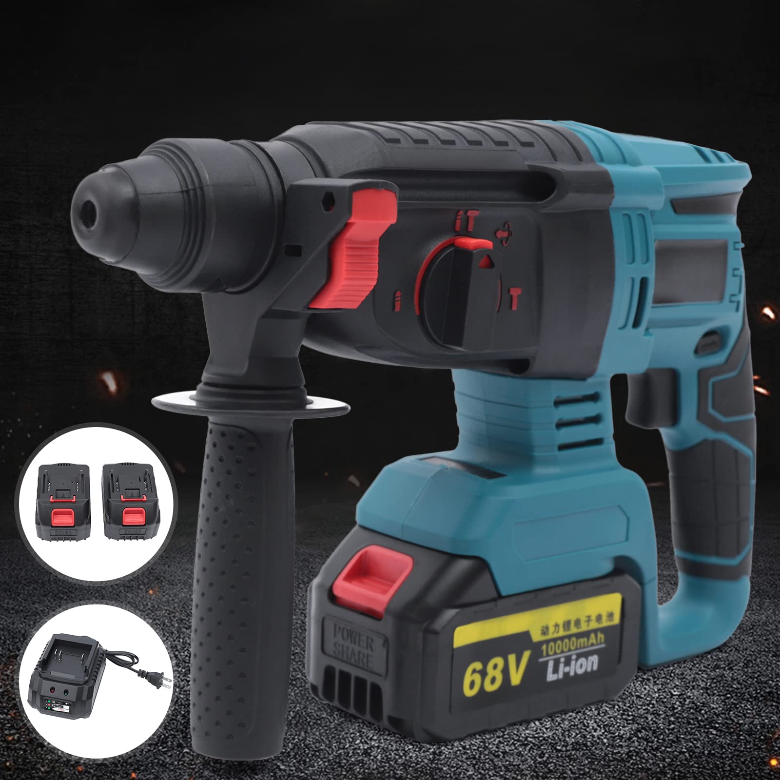 4 in 1 Cordless Hammer Drill Kit - Brushless Rechargeable Electric Demolition Jack Hammer with 2 Li-Ion Batteries - Concrete Breaker & Punching Tool for Wood, Metal & Masonry Drilling - Perfect for DIY Projects, Home Renovation & Construction Work