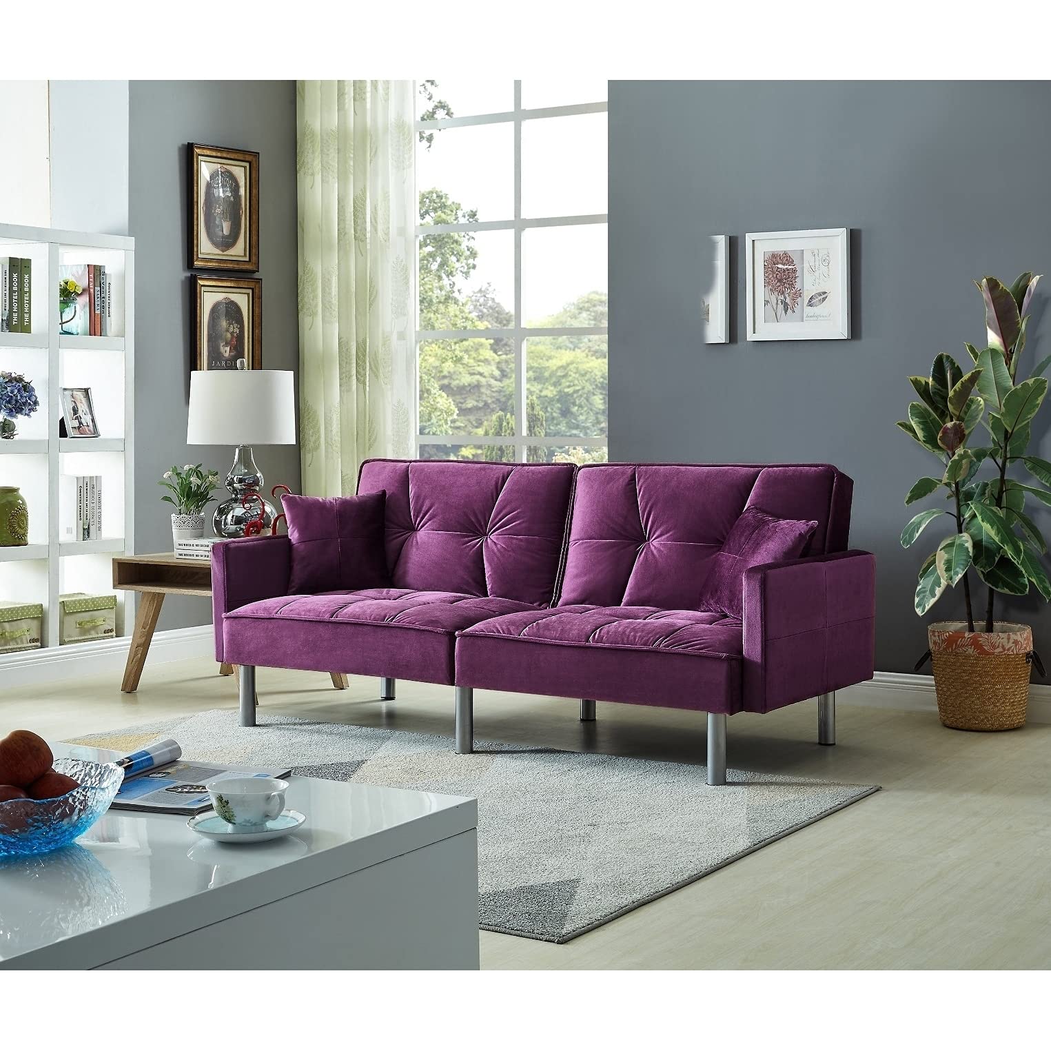 Emma Velvet Mid-Century Modern Sofa Sleeper in Blue - Convertible Sleeper Sofa for Small Spaces, Living Room & Guest Room Comfort