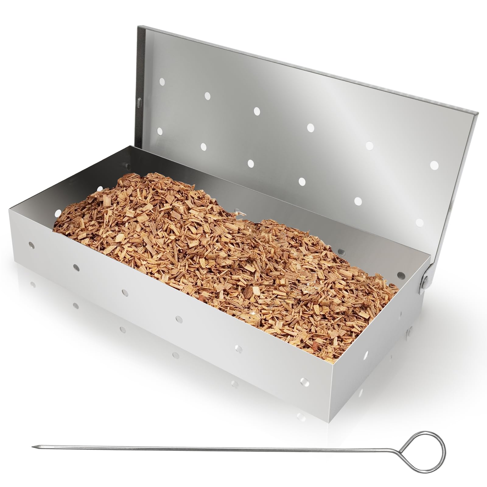Stainless Steel BBQ Smoker Box for Gas & Charcoal Grills - Wood Chip Smoker Box with BBQ Skewer | Perfect for Backyard Grilling, Camping & Outdoor Barbecue Accessories
