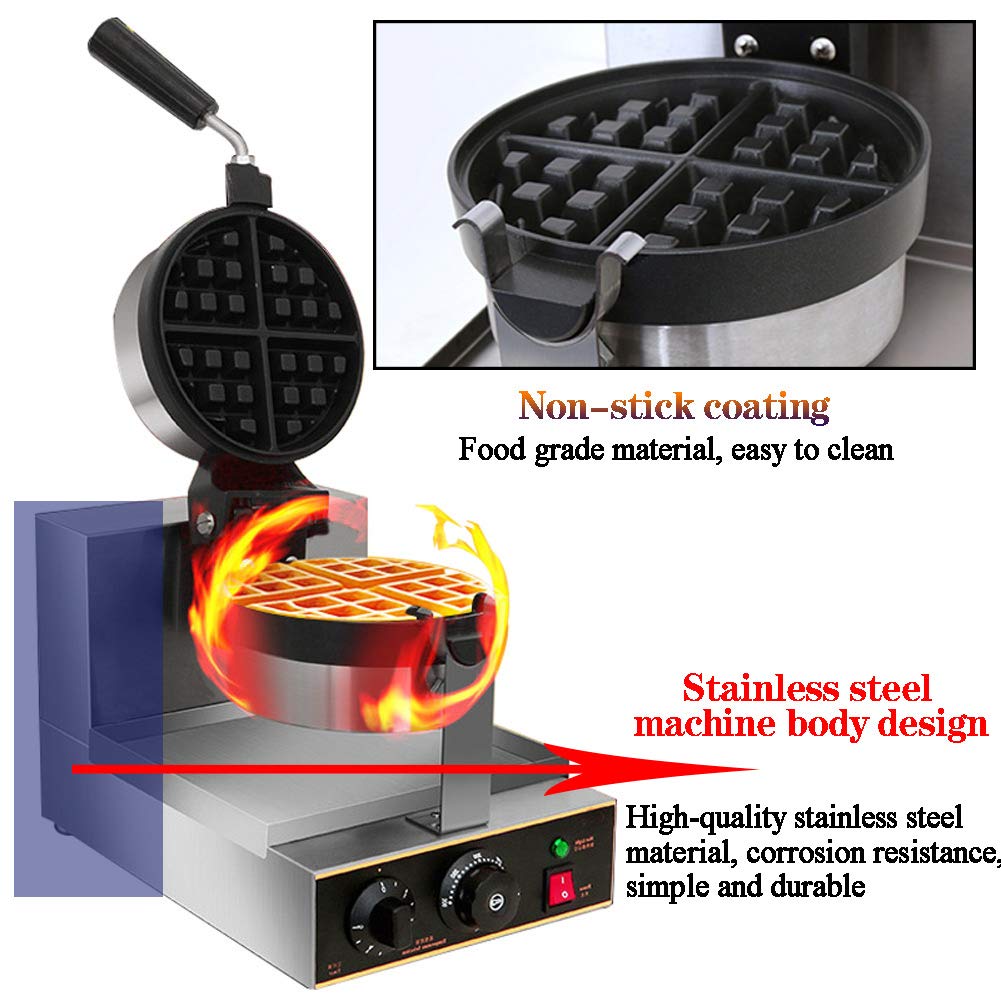 Aocay 1300W Commercial Rotating Waffle Maker with Non-Stick Plates & Drip Tray - 220V Round Waffle and Egg Cake Machine for Restaurants, Bakeries, Cafes - Perfect for Making Belgian Waffles, Bubble Waffles, and Egg Puffs - Easy to Clean & Durable