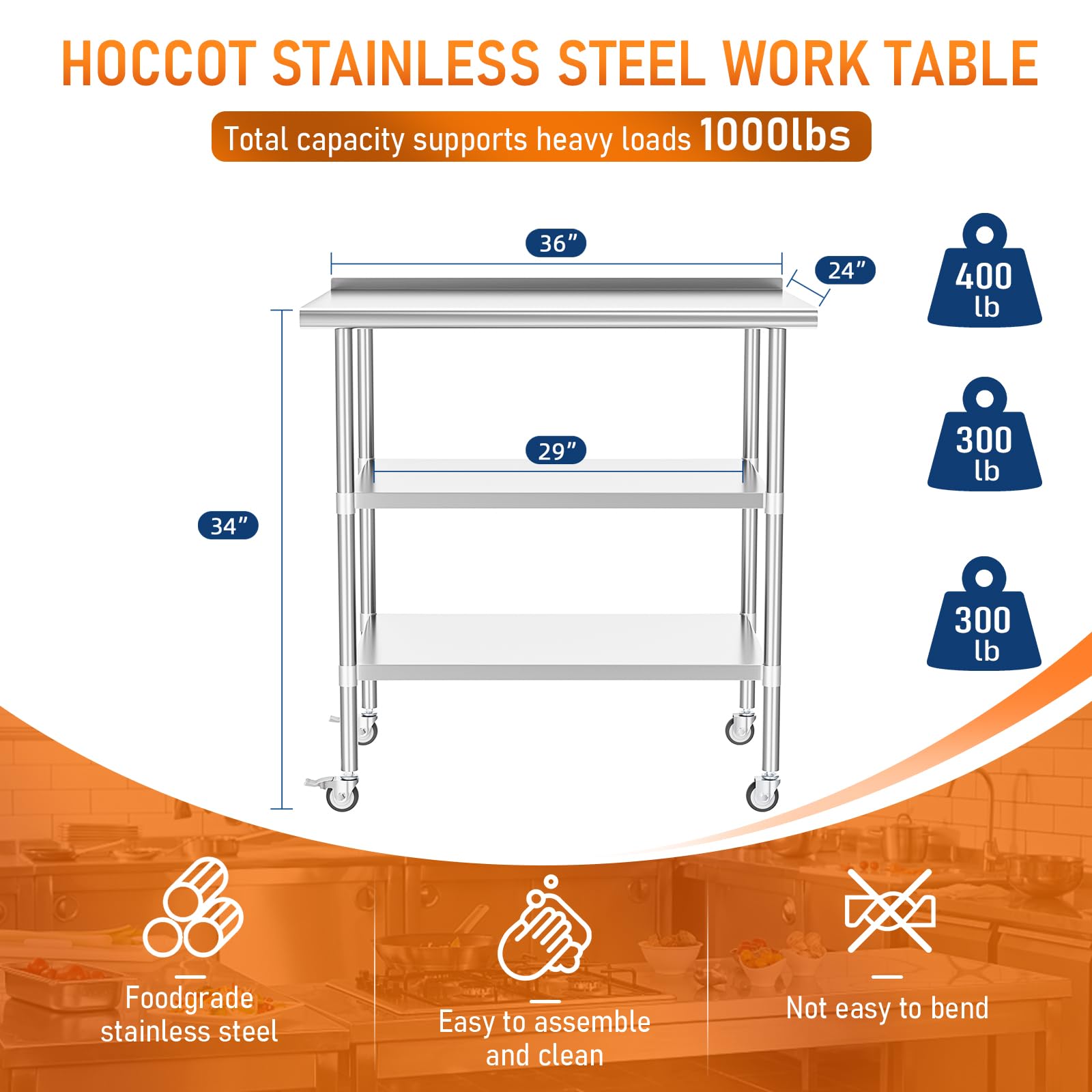 Stainless Steel Prep & Work Table with 2 Adjustable Shelves, Backsplash & Wheels - 24