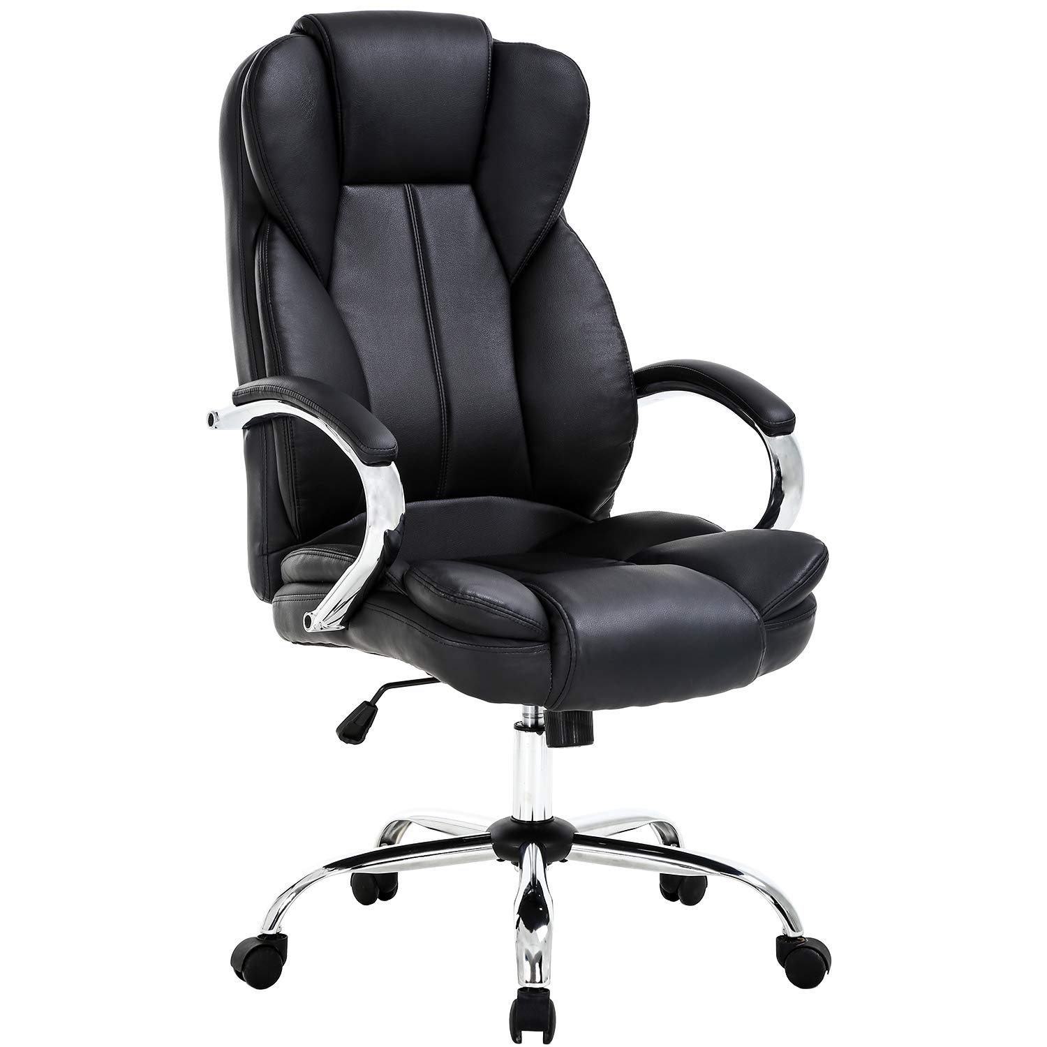Ergonomic Office Chair - High Back PU Leather Executive Desk Chair with Adjustable Height, Lumbar Support & Smooth Rolling Wheels for Home Office, Gaming & Computer Workstations (Black)