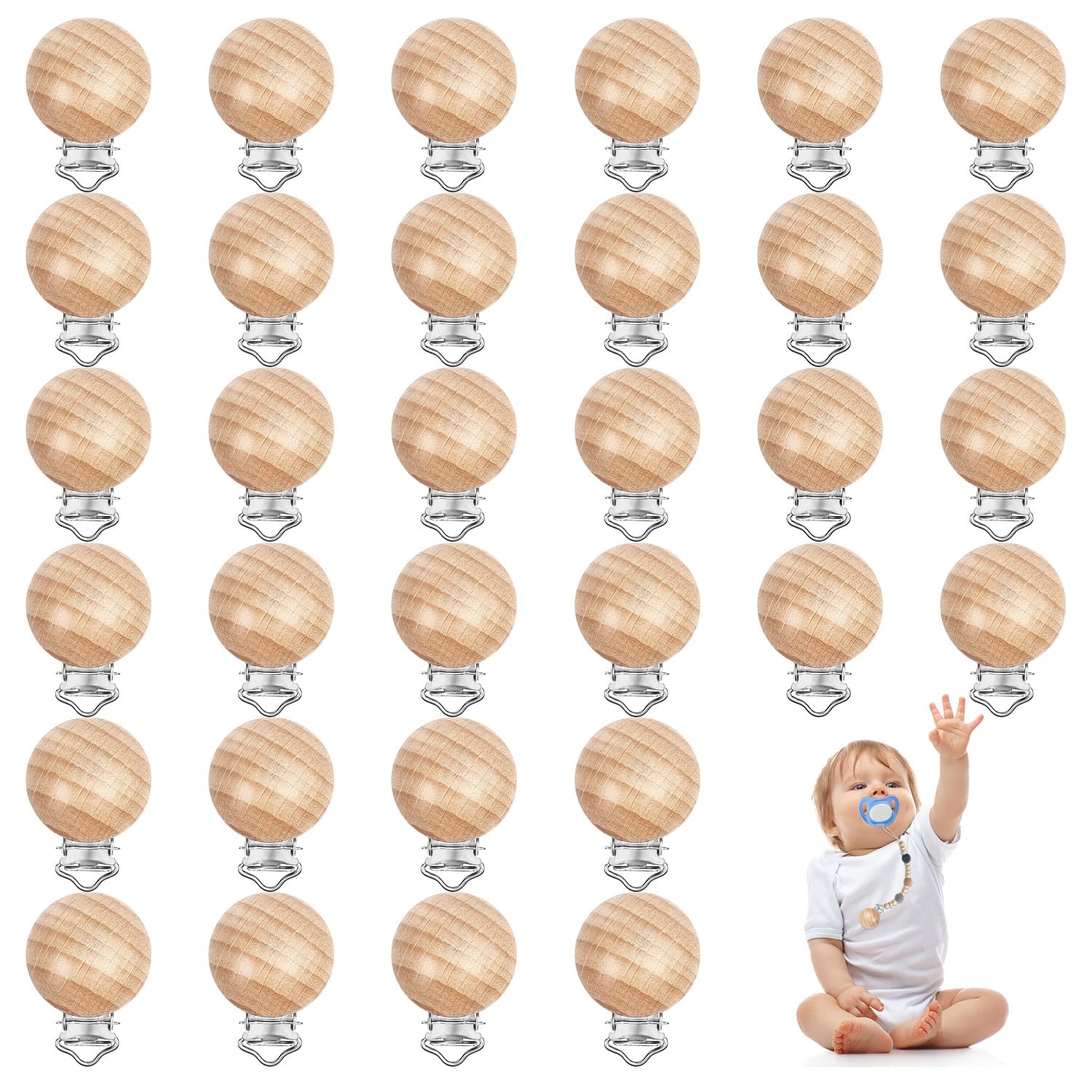 32-Piece Natural Beech Wood Pacifier Clips - DIY Pacifier Holder & Teething Toy for Babies - Safe Pacifier Chain Accessory for Strollers, Car Seats & Daily Use