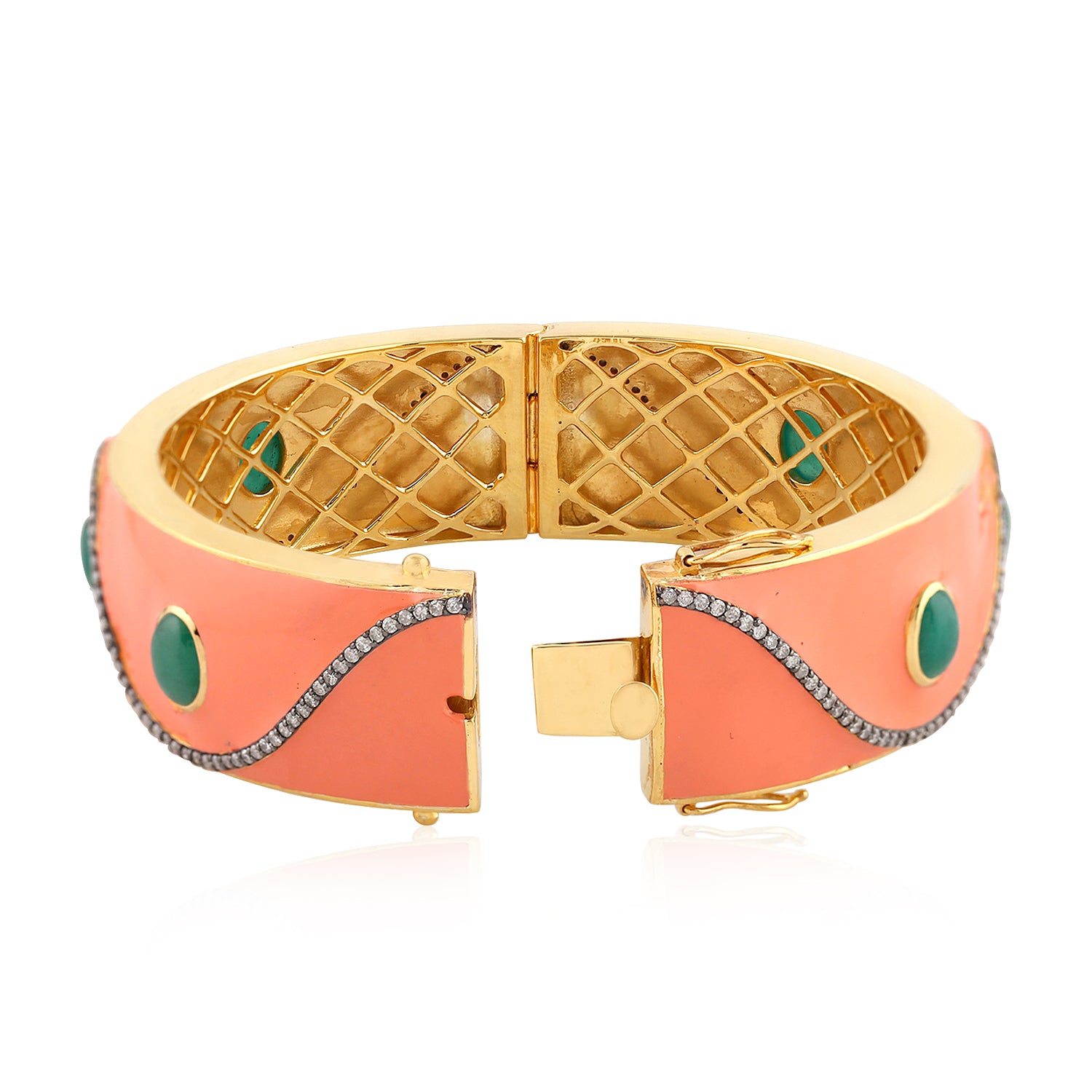 18K Yellow Gold & 925 Silver Bezel Set Emerald Pave Diamond Enamel Bangle Bracelet - Elegant Jewelry for Weddings, Parties & Special Occasions