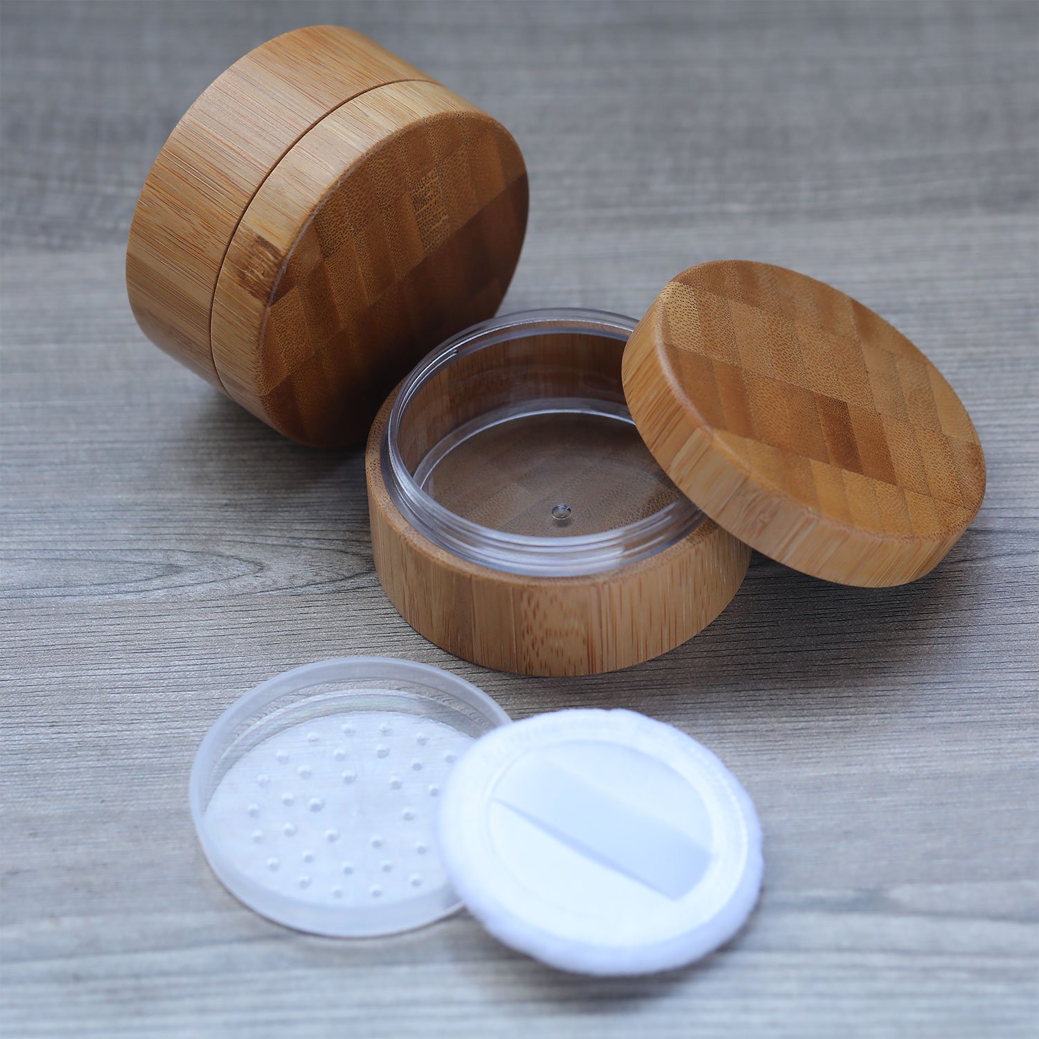 Frienda 30ml Empty Bamboo Loose Powder Container with Sifter Lid & Puff - Refillable Makeup Powder Case for Mineral Foundation, Setting Powder & Blush | Travel-Friendly Cosmetic Storage