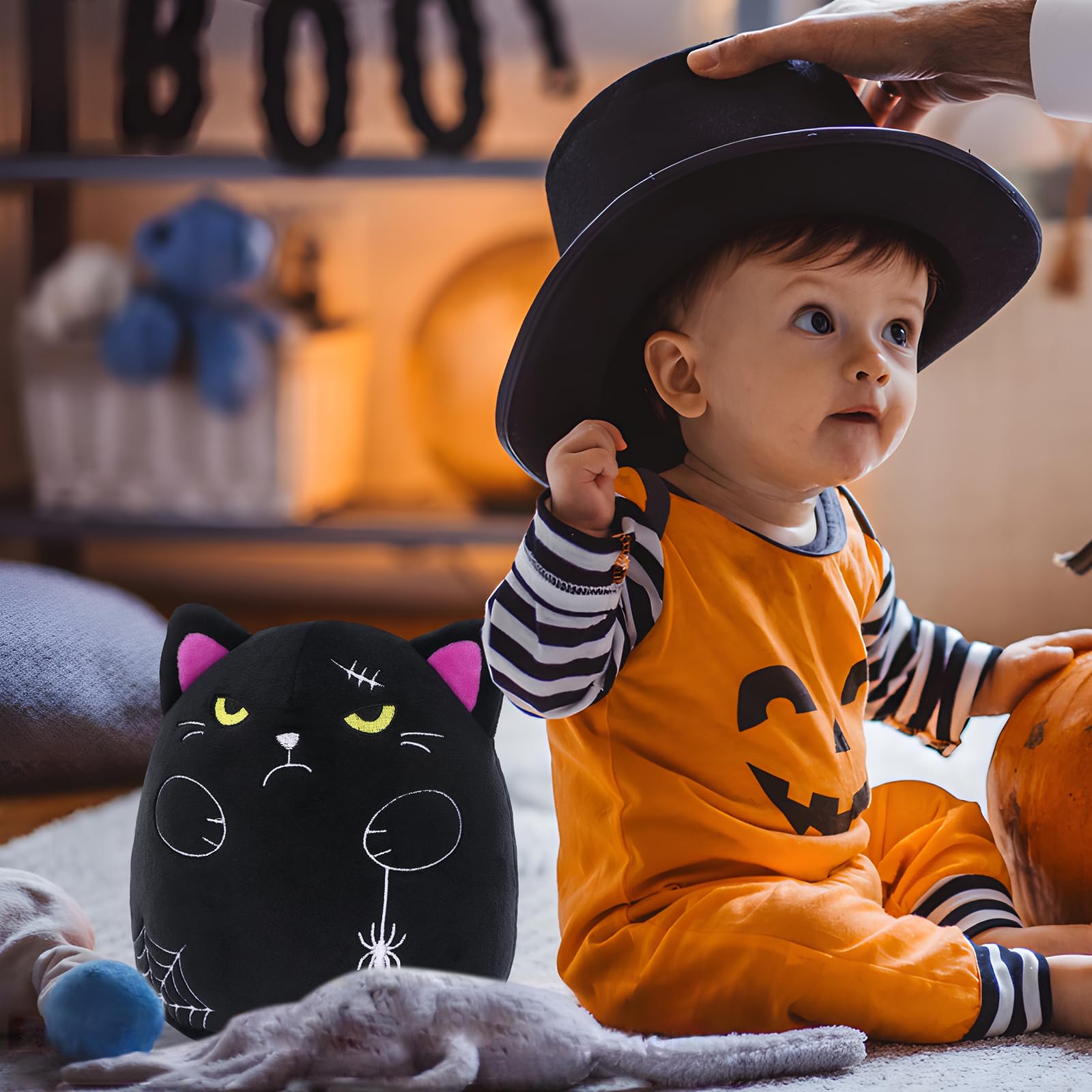 Black Cat Plush Pillow - 9 Inch Halloween Stuffed Animal Toy, Soft & Cute Home Decor for Kids & Adults | Perfect for Halloween Decorations, Gifts, and Cozy Bedroom Accents