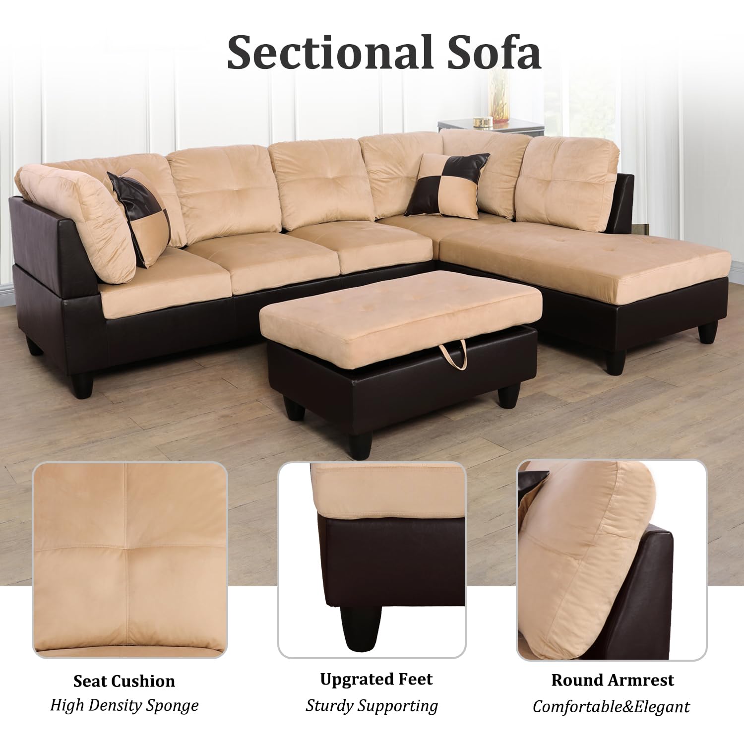 L-Shaped Microfiber Sectional Sofa Set with Storage Ottoman - Modern Living Room Couch for Apartments & Homes, Beige | Perfect for Small Spaces, Family Gatherings & Movie Nights (Includes Hydraulic Lift Ottoman)