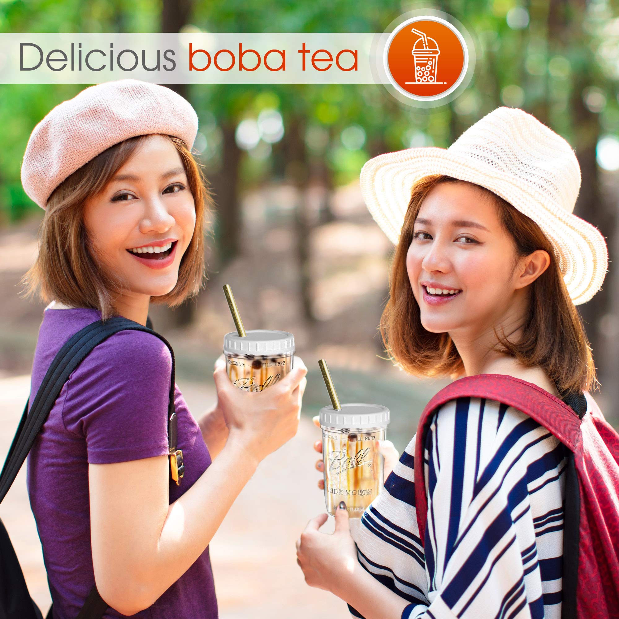Reusable 16 oz Wide Mouth Mason Jars Glass Cups for Smoothies, Boba Tea & Bubble Tea - 2 Pack with Lids & Gold Straws | Perfect for Home, Office & Cafe Use | Capsule Classic Brand