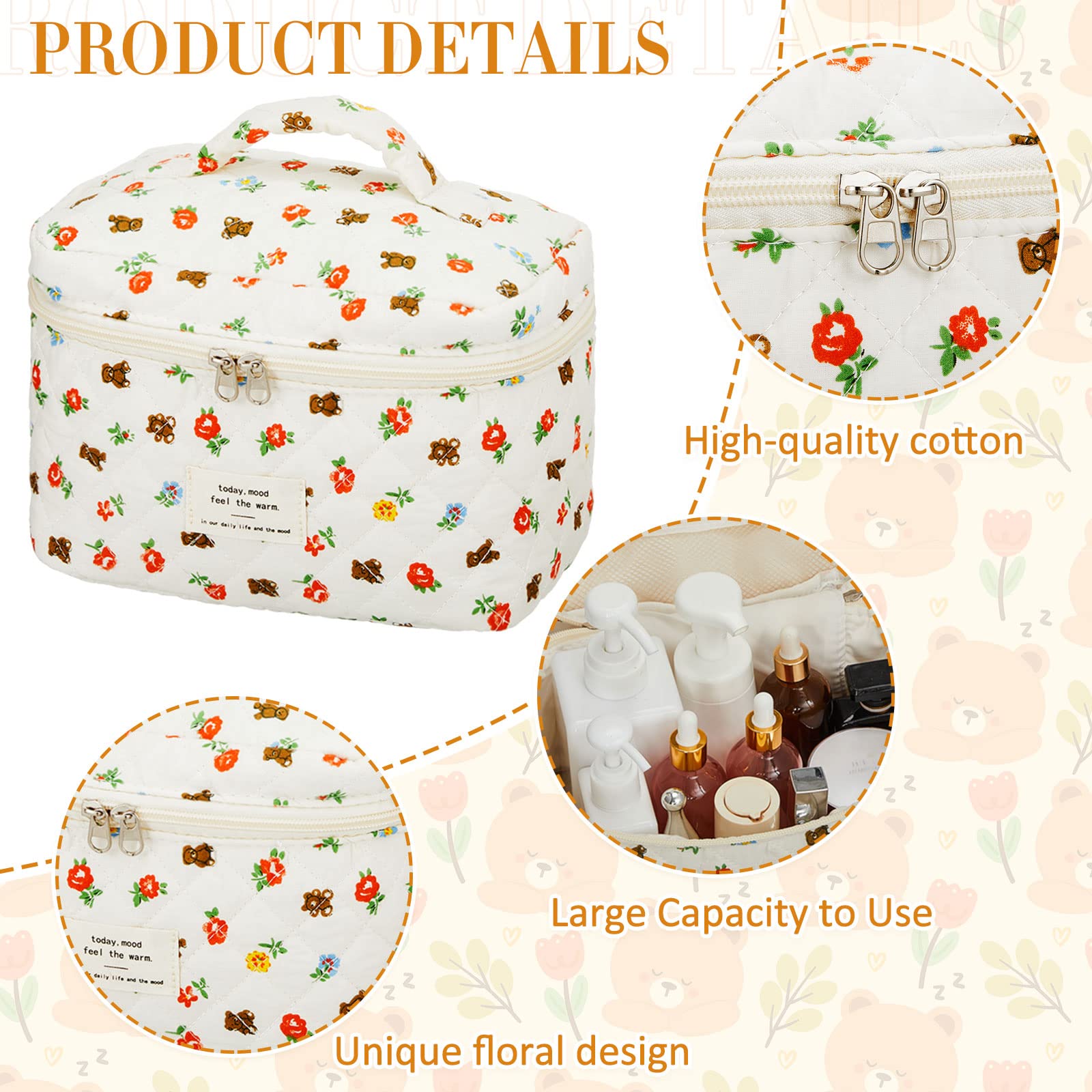 Zeyune 2 Pack Large Cotton Quilted Makeup Bags for Women - Aesthetic Floral Cosmetic Travel Organizer with Bear Design - Perfect for Skincare, Toiletries & Travel Essentials | Cute Coquette Style Gift Idea