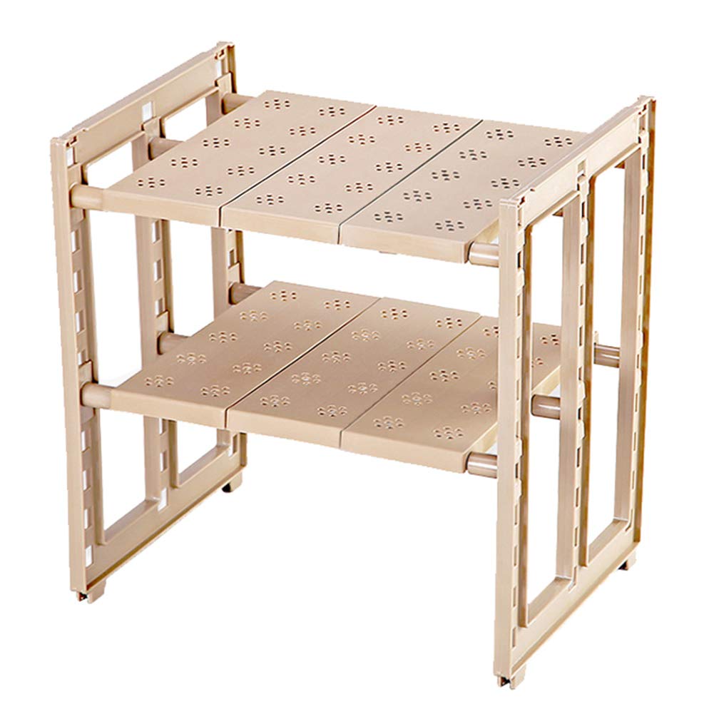 2-Tier Expandable Organizer Rack for Kitchen & Bathroom - Under Sink Storage Shelf, Stackable & Height Adjustable - White & Brown - Perfect for Small Spaces, Pantry Organization & Closet Storage