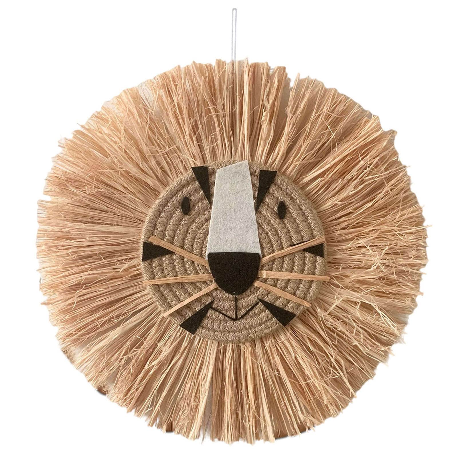 Homyl Round Straw Wall Hanging Decor - Lion Animal Head Pendant Cotton Thread Tapestry for Bedroom, Nursery, Kids Room - Boho Home Christmas Ornament (D)
