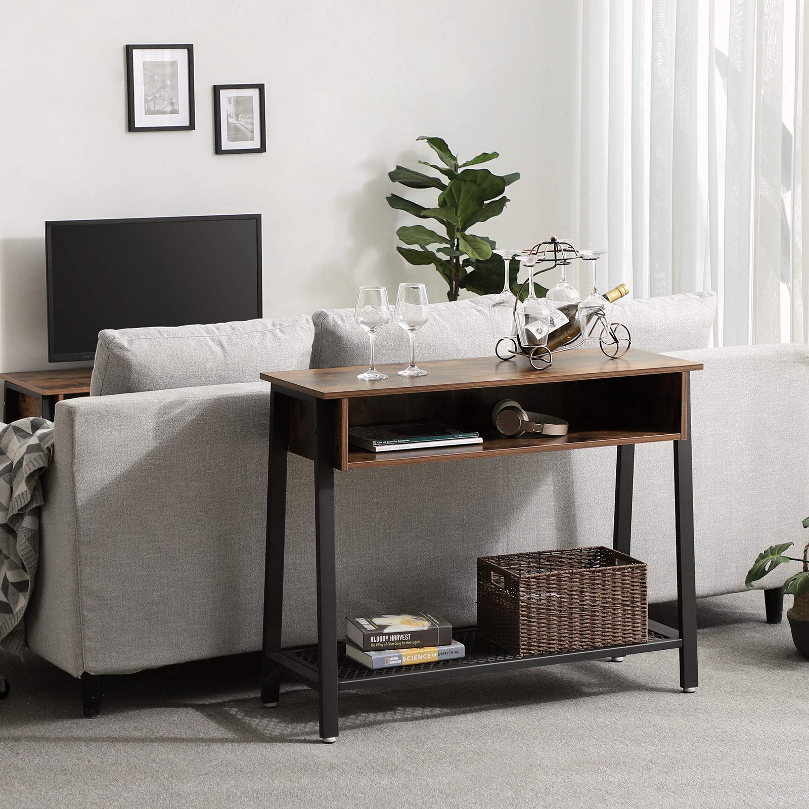 VASAGLE Industrial Sofa Table - 40 Inch Console Table with Mesh Shelf & Storage Rack, Entryway Table for Living Room, Office, Hallway - Sturdy Metal Frame - Perfect for Small Spaces, Behind Sofa or as Entry Table