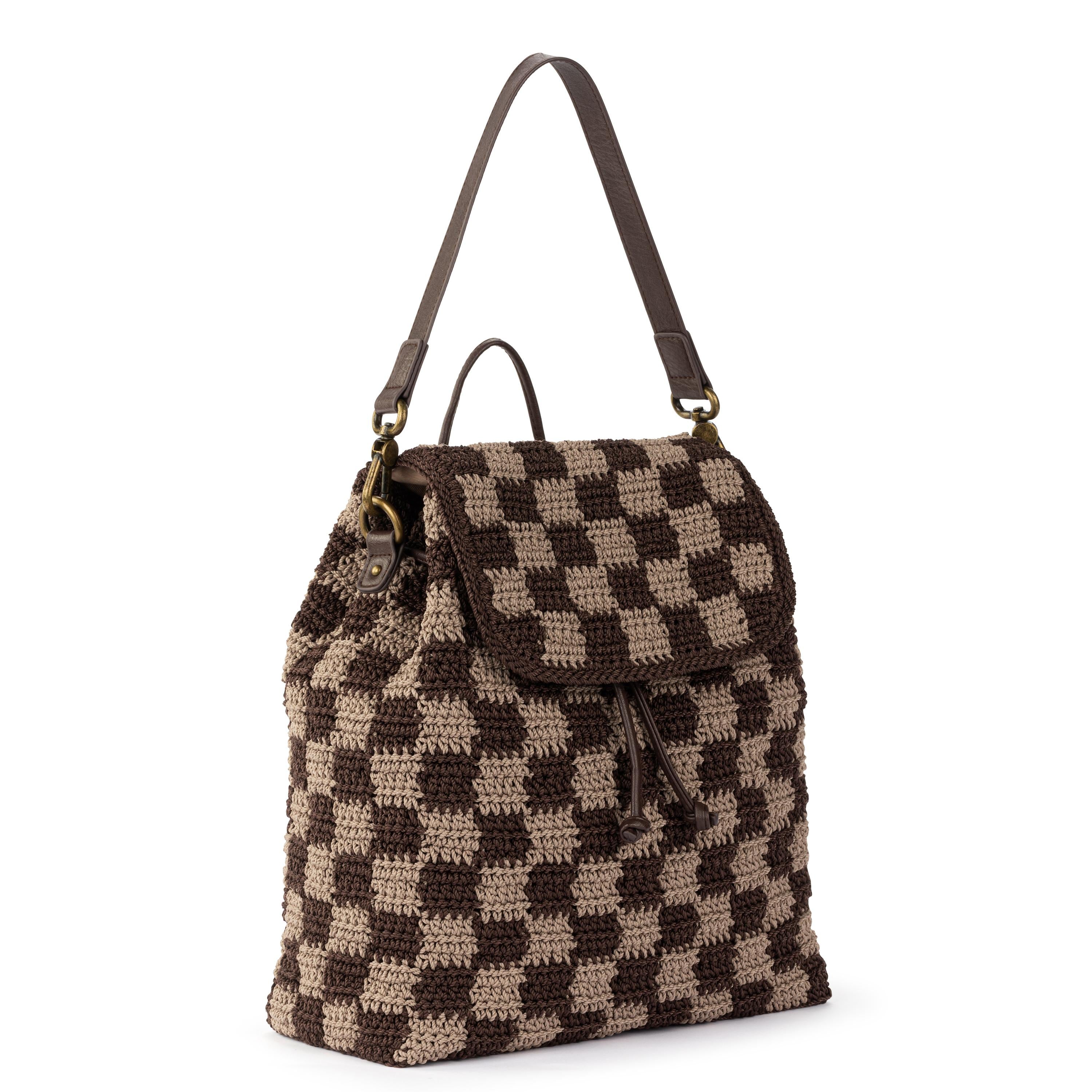 Handmade Crochet Sayulita Backpack - Brown Checkered Bohemian Style Bag for Beach, Travel & Festival Use