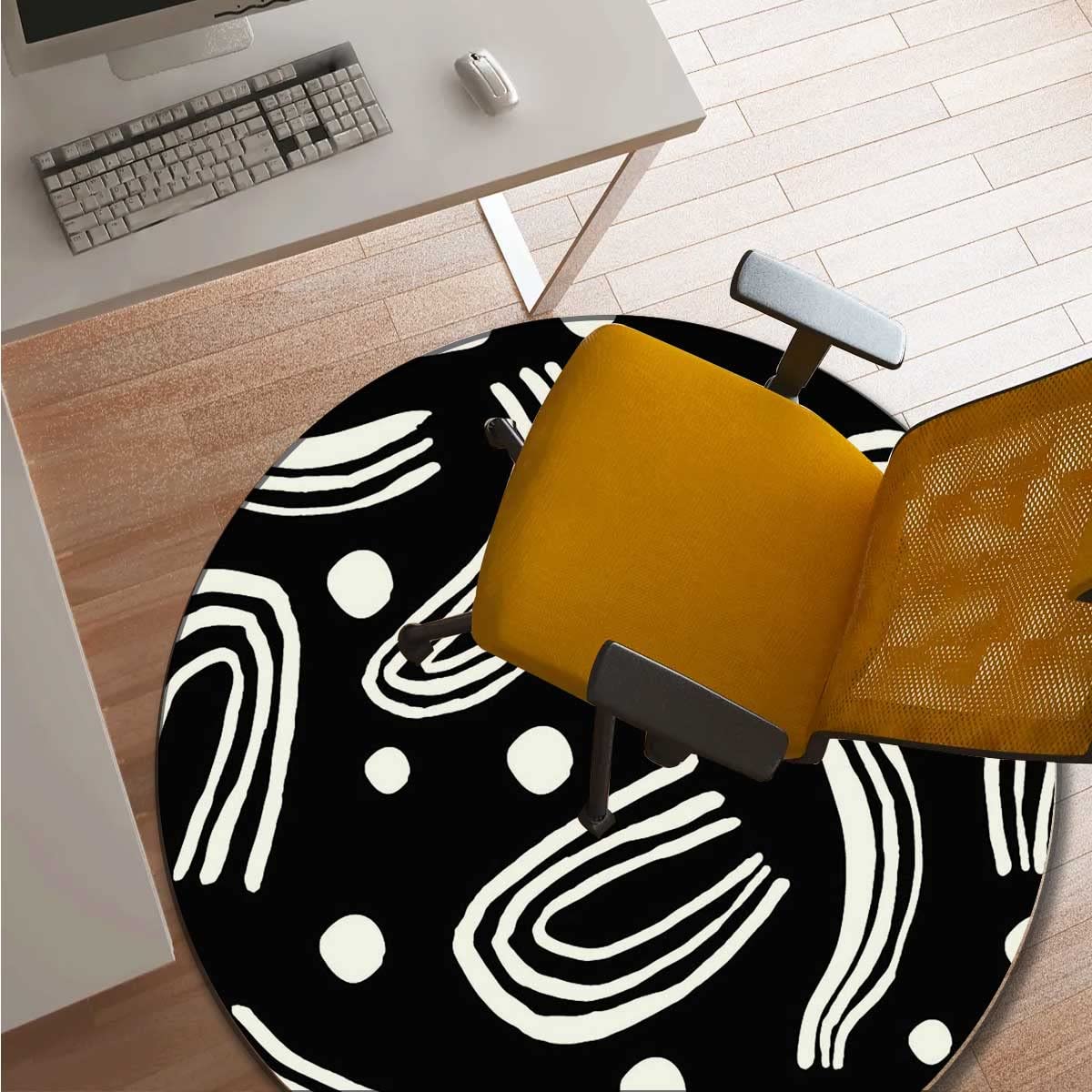 Black and White Geometric Line Chair Mat for Office & Gaming - 35 Inch Non-Slip Carpet Protector, Anti-Fatigue Floor Mat for Home & Workspace Decor