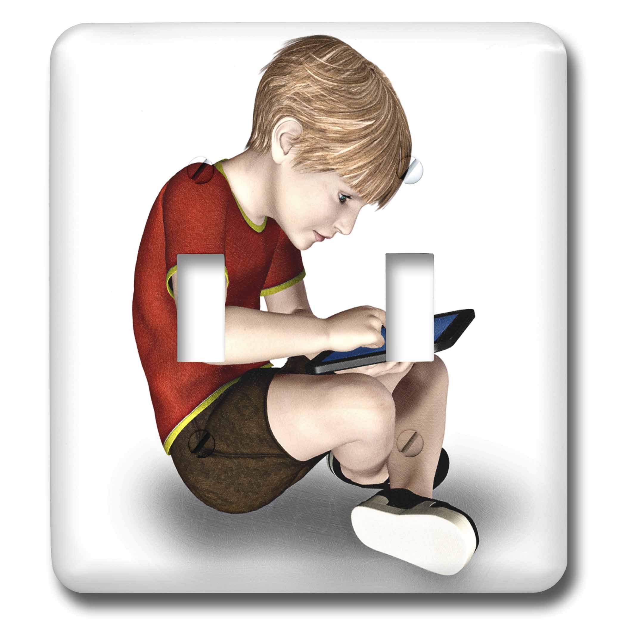 3D Rose Double Toggle Switch Wall Plate - Boy Using Tablet Design - Perfect for Kids' Rooms, Playrooms & Home Offices - Decorative Electrical Outlet Cover